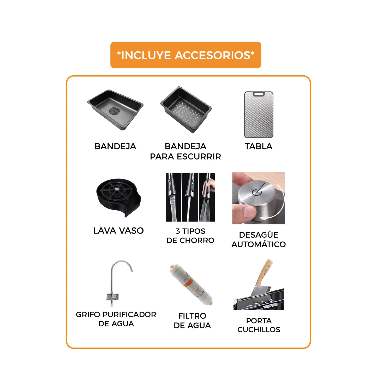 Ml-7545B -Lavadero Multifuncional Milos De Acero Inox. 304 Black C/Mezcladora +Filtro De Agua (4 Funciones) 75X45X23 Cm -Fratelli Premium
