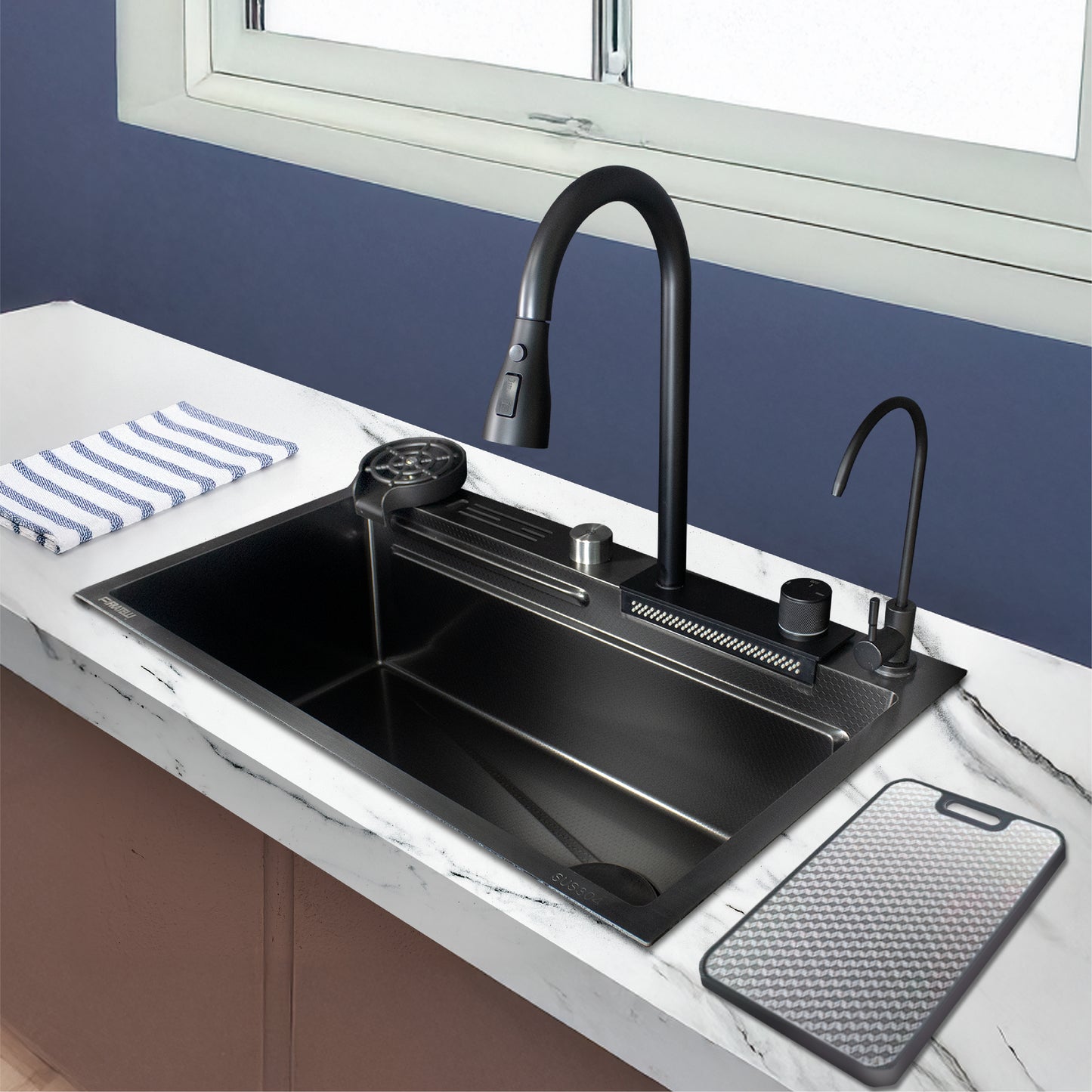 Ml-7545B -Lavadero Multifuncional Milos De Acero Inox. 304 Black C/Mezcladora +Filtro De Agua (4 Funciones) 75X45X23 Cm -Fratelli Premium