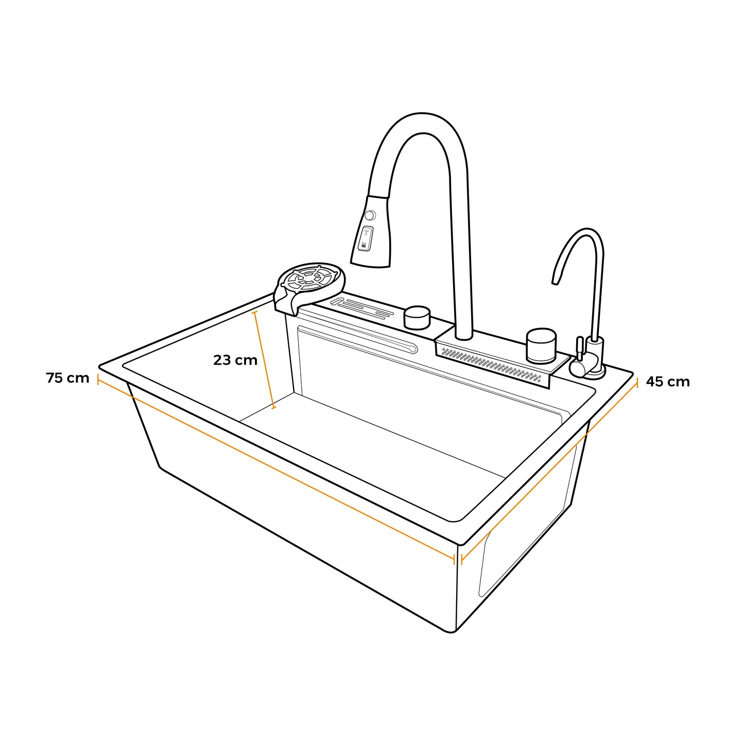 Ml-7545B -Lavadero Multifuncional Milos De Acero Inox. 304 Black C/Mezcladora +Filtro De Agua (4 Funciones) 75X45X23 Cm -Fratelli Premium
