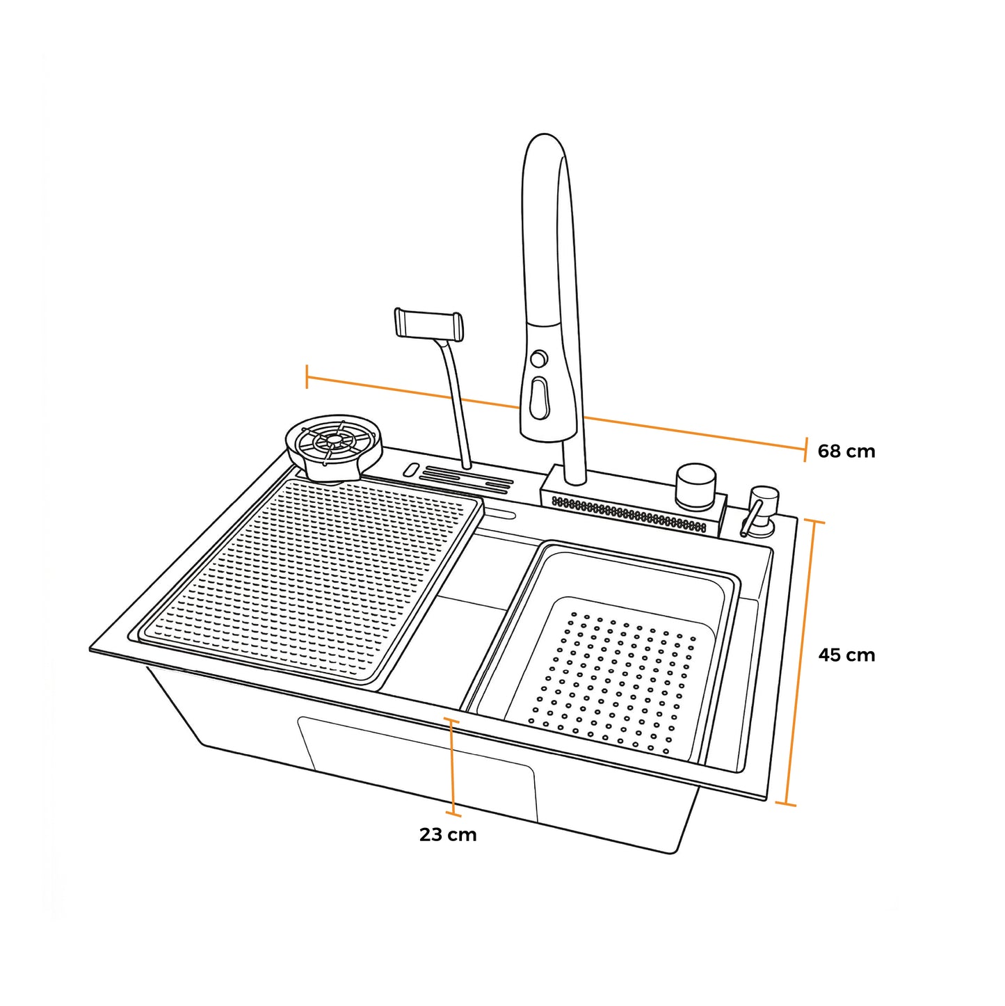 LAVADERO MULTIFUNCIONAL DE ACERO INOX. 304 NANO BLACK C/MEZCLADORA (3 FUNCIONES) 68X45X23 CM - FRATELLI PREMIUM