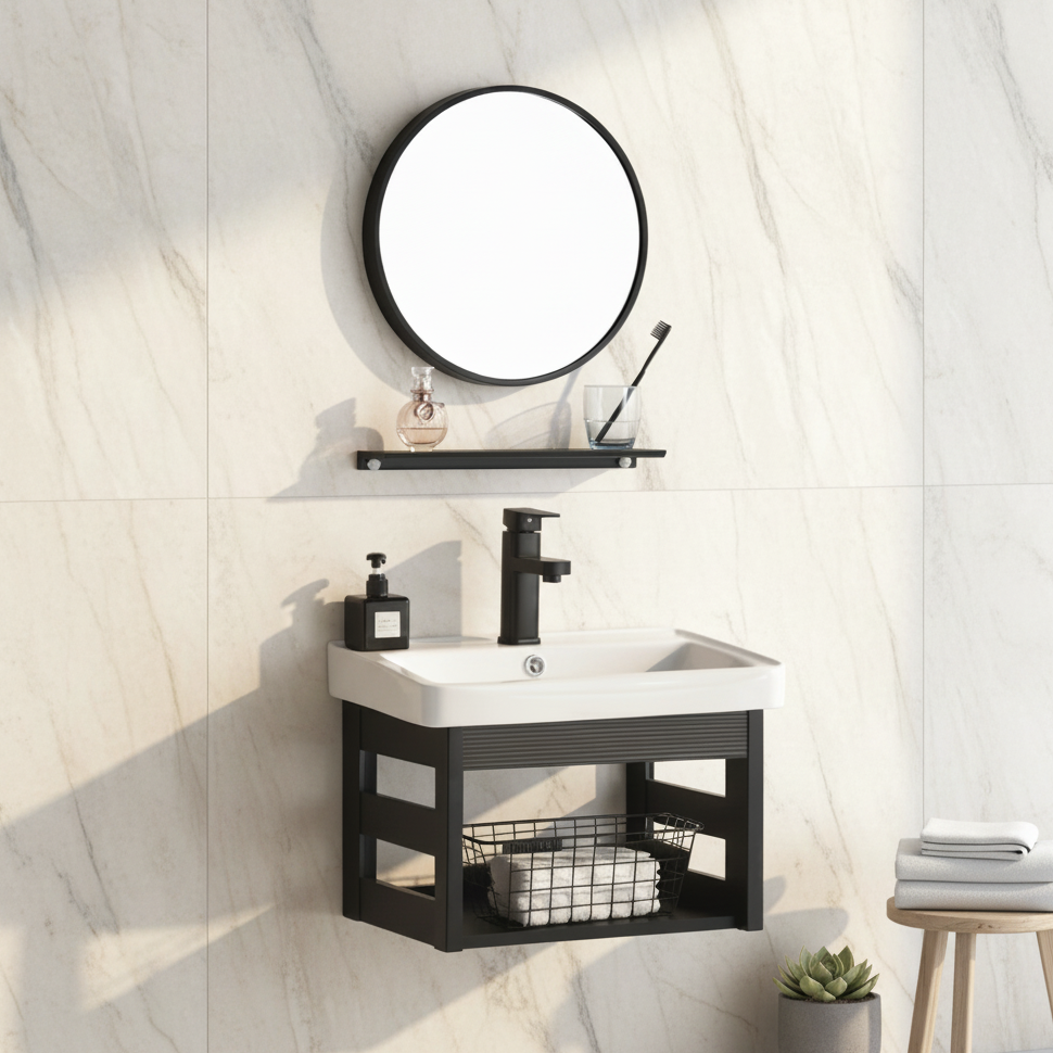 VANITORIO DE ALUMINIO C/REPISA + ESPEJO REDONDO PS20-6040 NEGRO ECO 60X40CM - FRATELLI