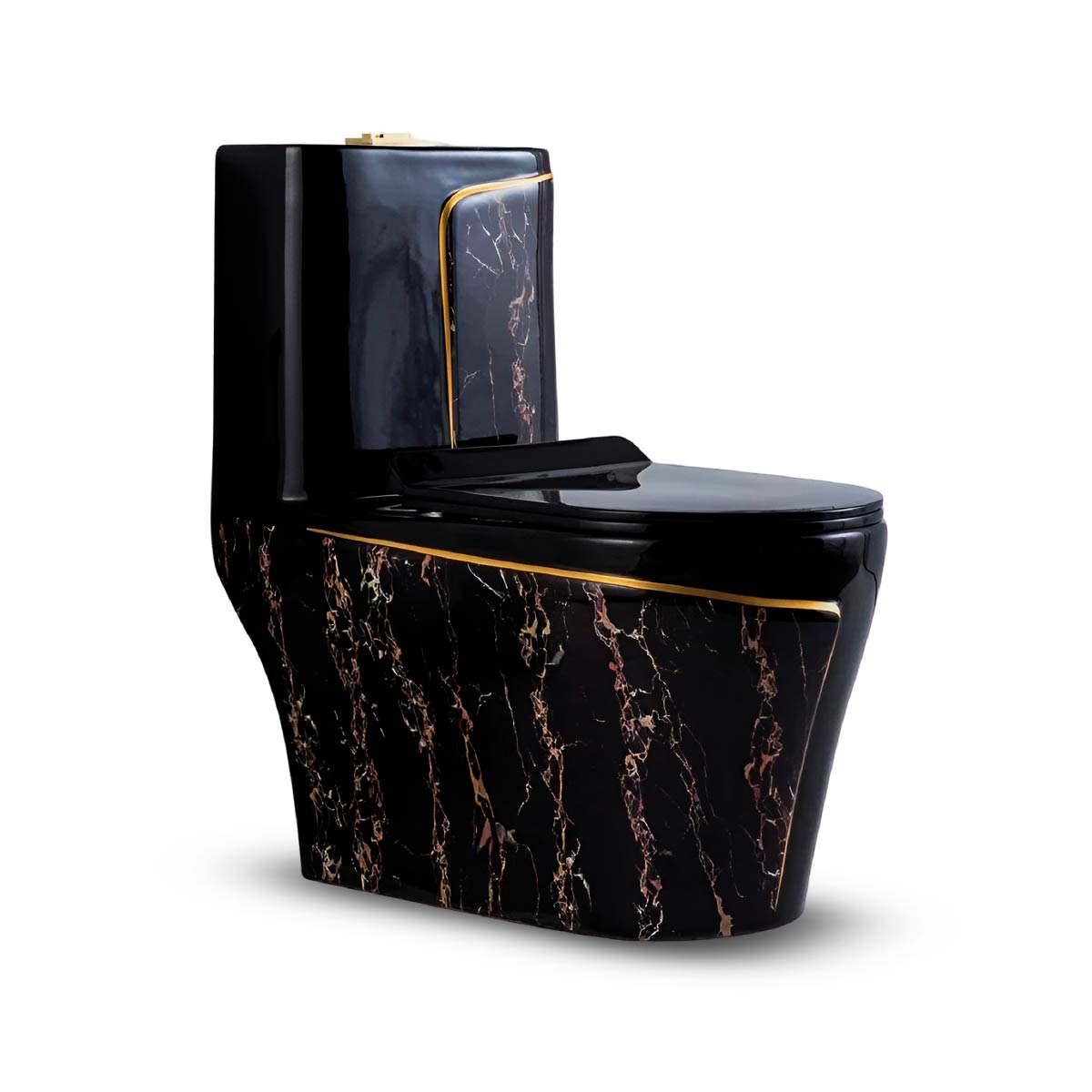 Inodoro One Piece + Tapa Asiento Y Acces. Minimalista Negro C/Dorado 8676Ebg (70X39X75) - Fratelli