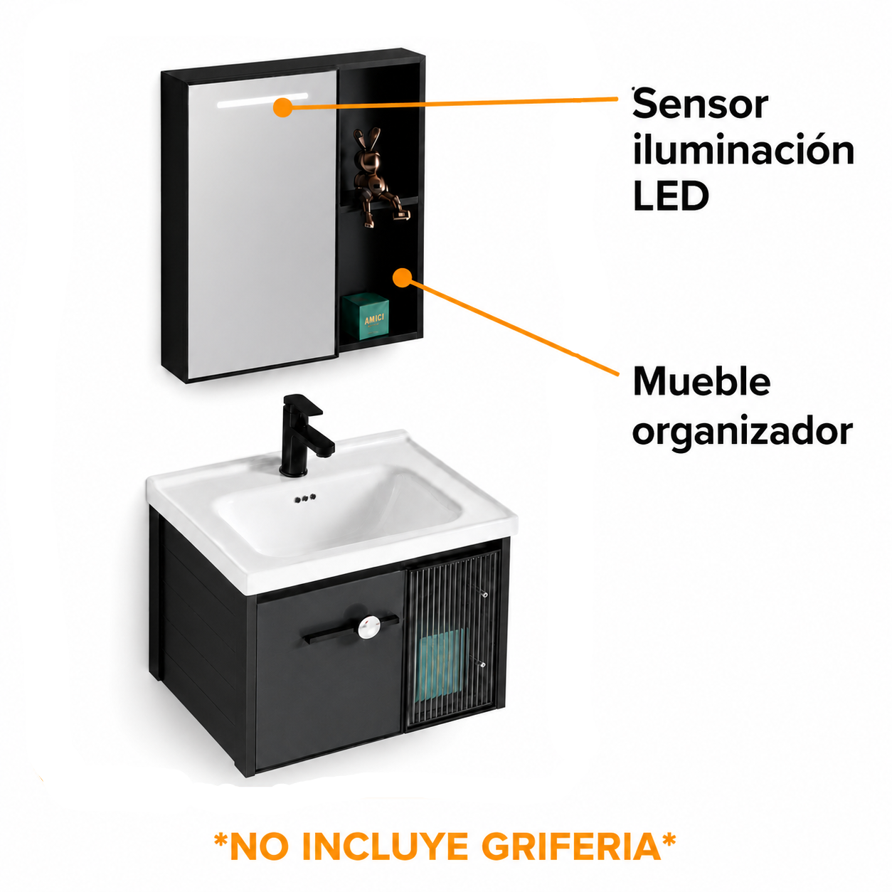 MUEBLE DE BAÑO DE ALUMINIO + ESPEJO CON SENSOR LED - KF802Z-60 GRIS - FRATELLI