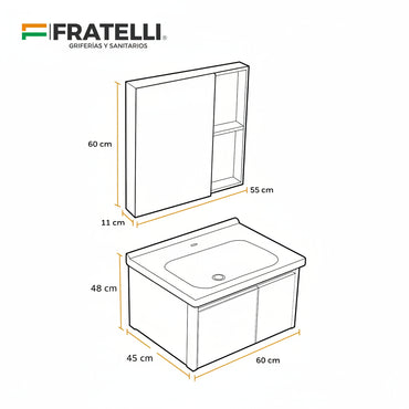 MUEBLE DE BAÑO DE FIBRA DE CARBON + ESPEJO CON LED Y FUNCION ANTIEMPAÑO - SH602 GRIS - FRATELLI