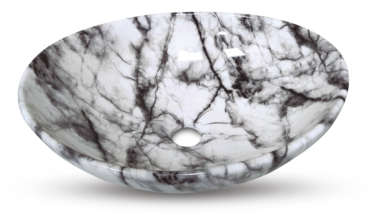 Bowl Loza (035) Mod. Ovalado Marmoleado Blanco C/Negro 40X33X14.5 - Fratelli