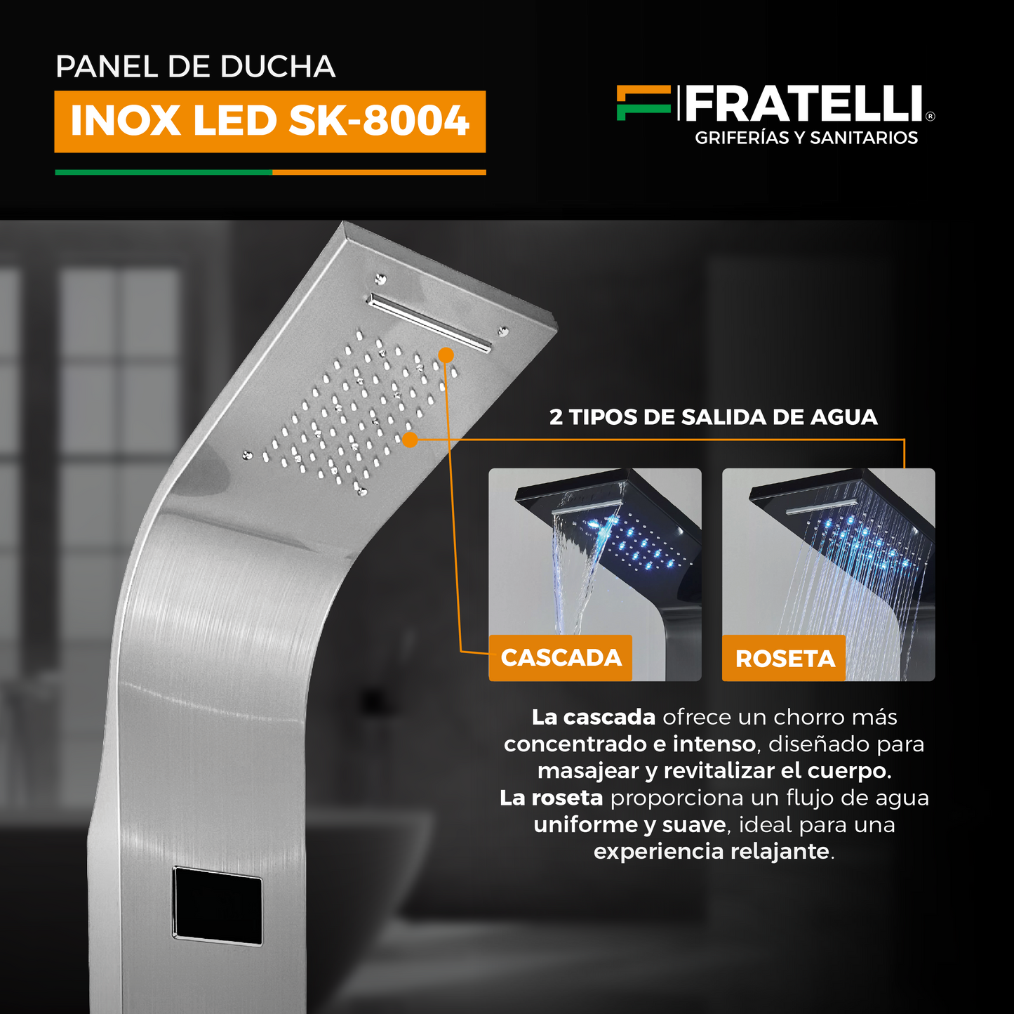 Panel De Ducha Inox Led Bright Black Sk-8004 - Fratelli
