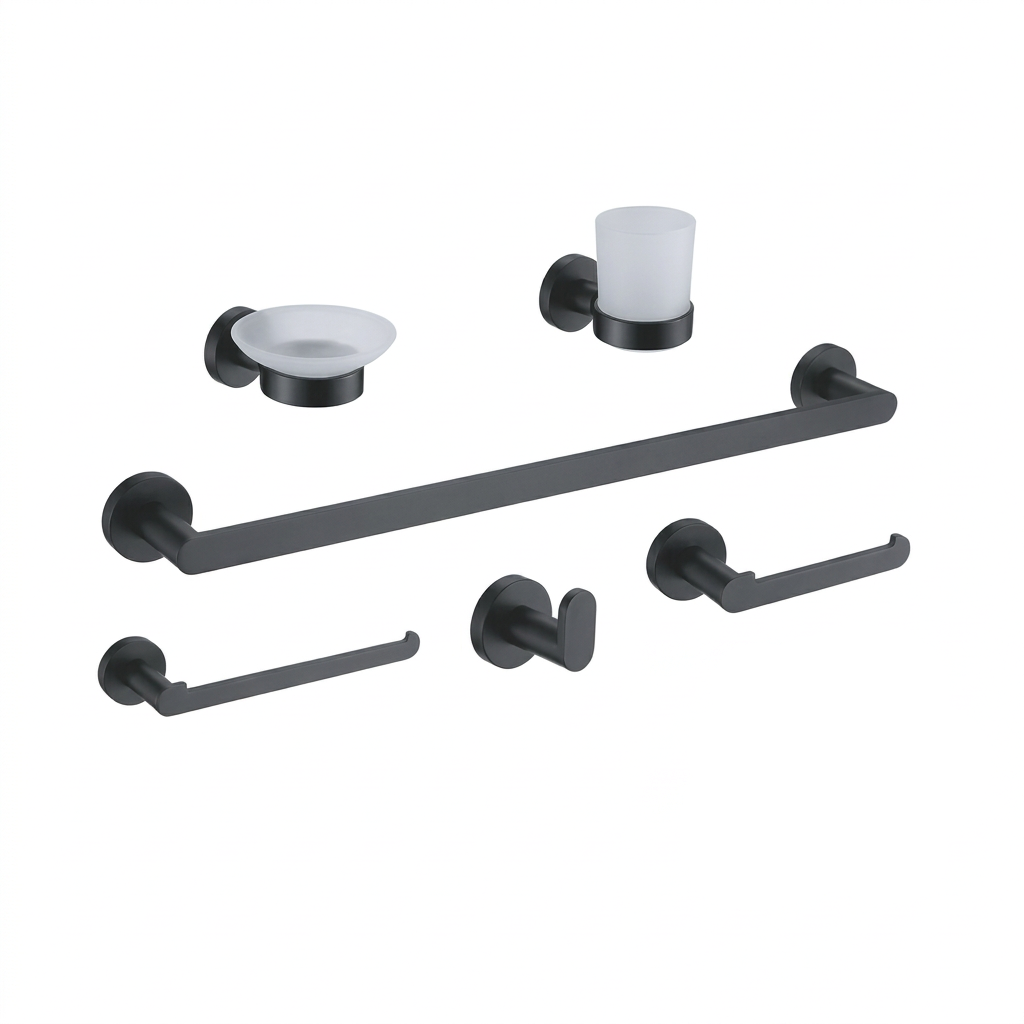 SET P/BAÑO 6 PZAS BASE REDONDO AFRODITA BLACK -FRATELLI