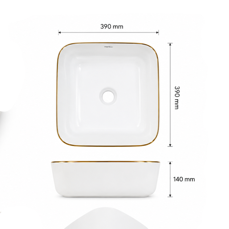 BOWL LOZA (150-A6WG) MOD. CUADRADO BLANCO C/LINEA DORADA 390X390X140 - FRATELLI