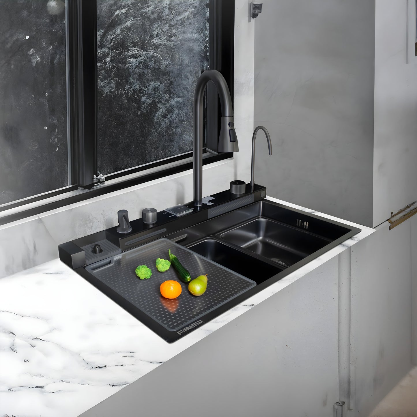 Hwi-7545B -Lavadero Multifuncional Hawai De Acero Inox. 304 Black C/Mezcladora +Filtro De Agua (5 Funciones) 75X45X23 Cm -Fratelli Premium