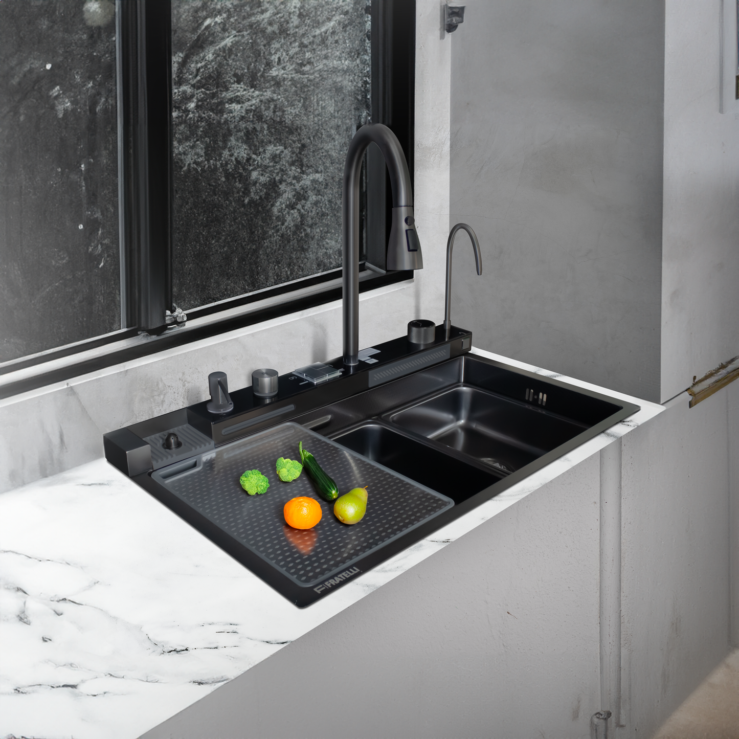 Hwi-7545B -Lavadero Multifuncional Hawai De Acero Inox. 304 Black C/Mezcladora +Filtro De Agua (5 Funciones) 75X45X23 Cm -Fratelli Premium