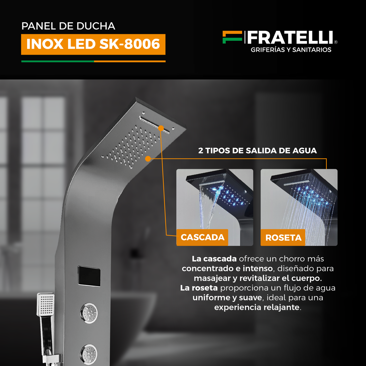 Panel De Ducha Inox Led Bright Black Sk-8006 - Fratelli