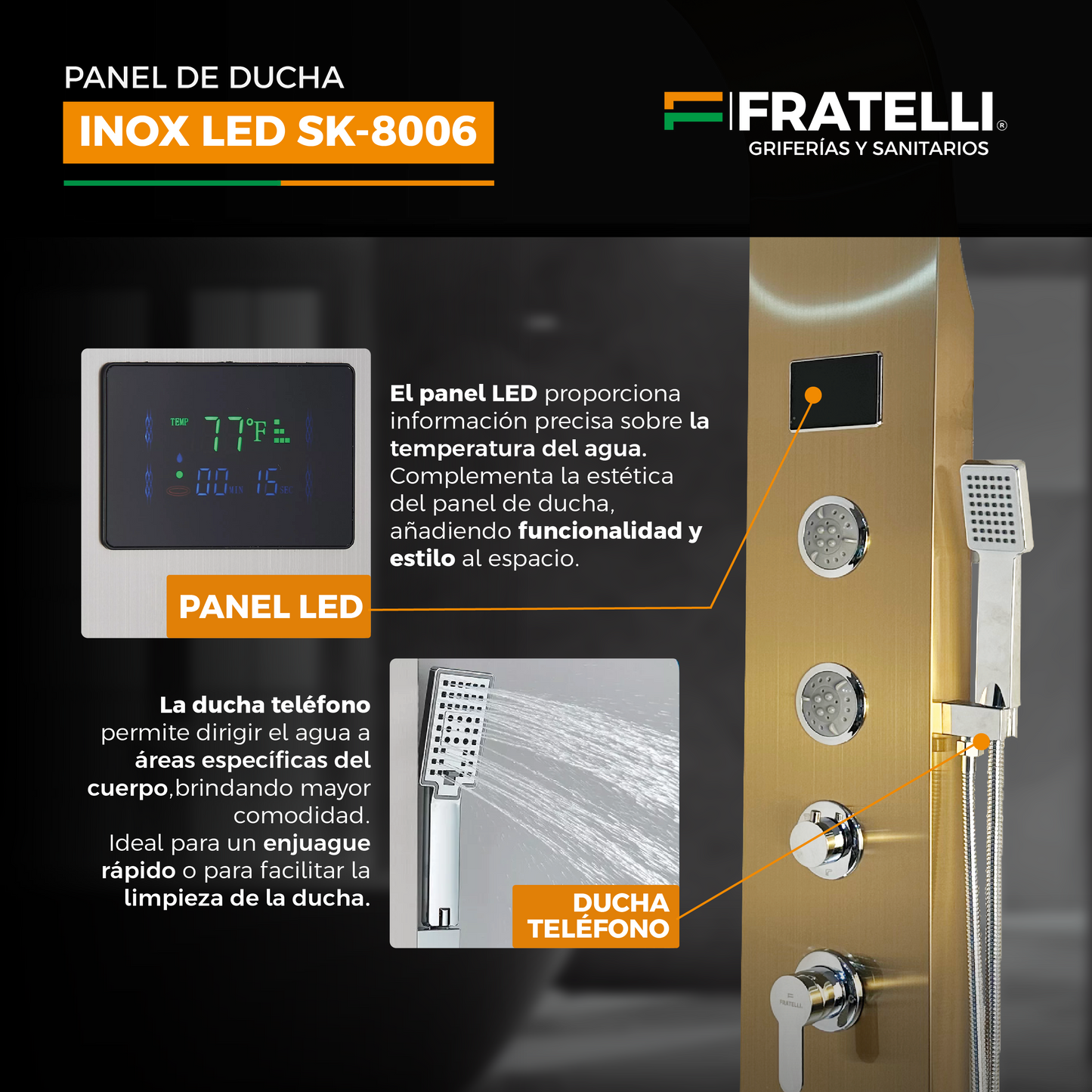 Panel De Ducha Inox Led Bright Black Sk-8006 - Fratelli