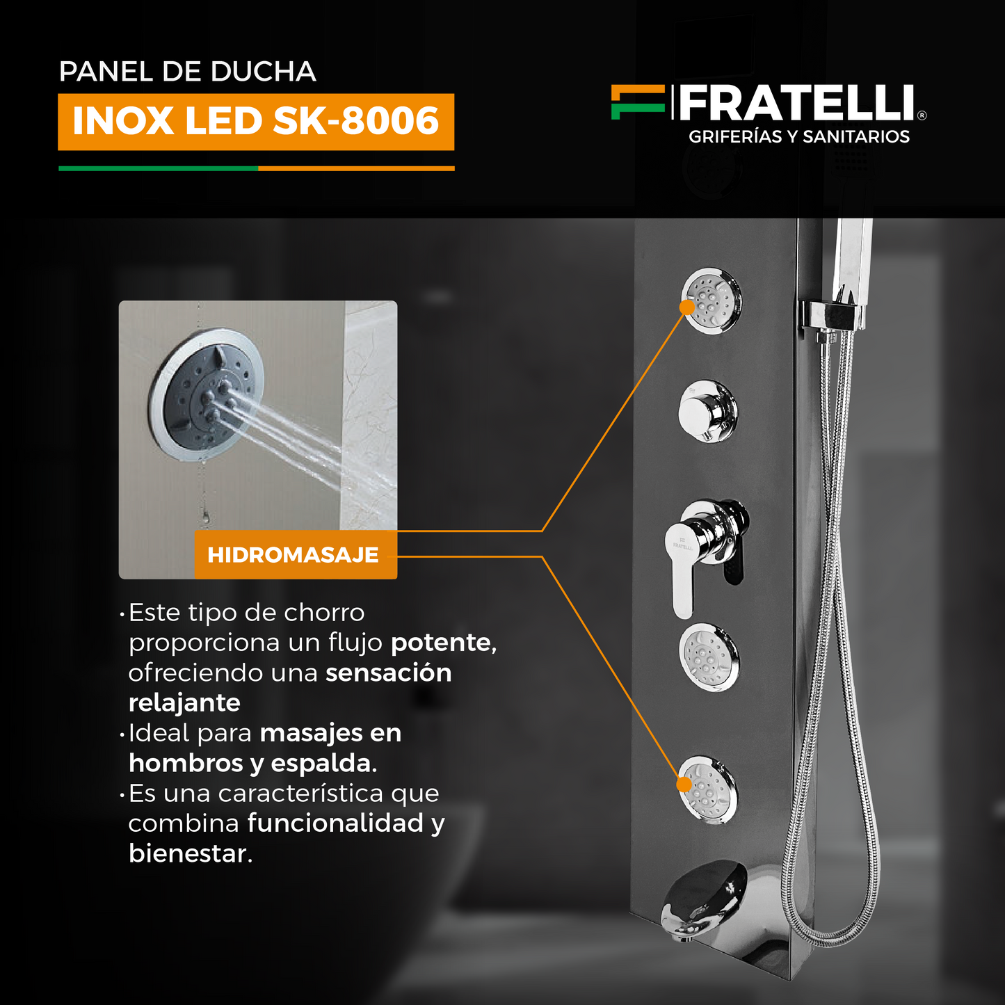 Panel De Ducha Inox Led Bright Black Sk-8006 - Fratelli