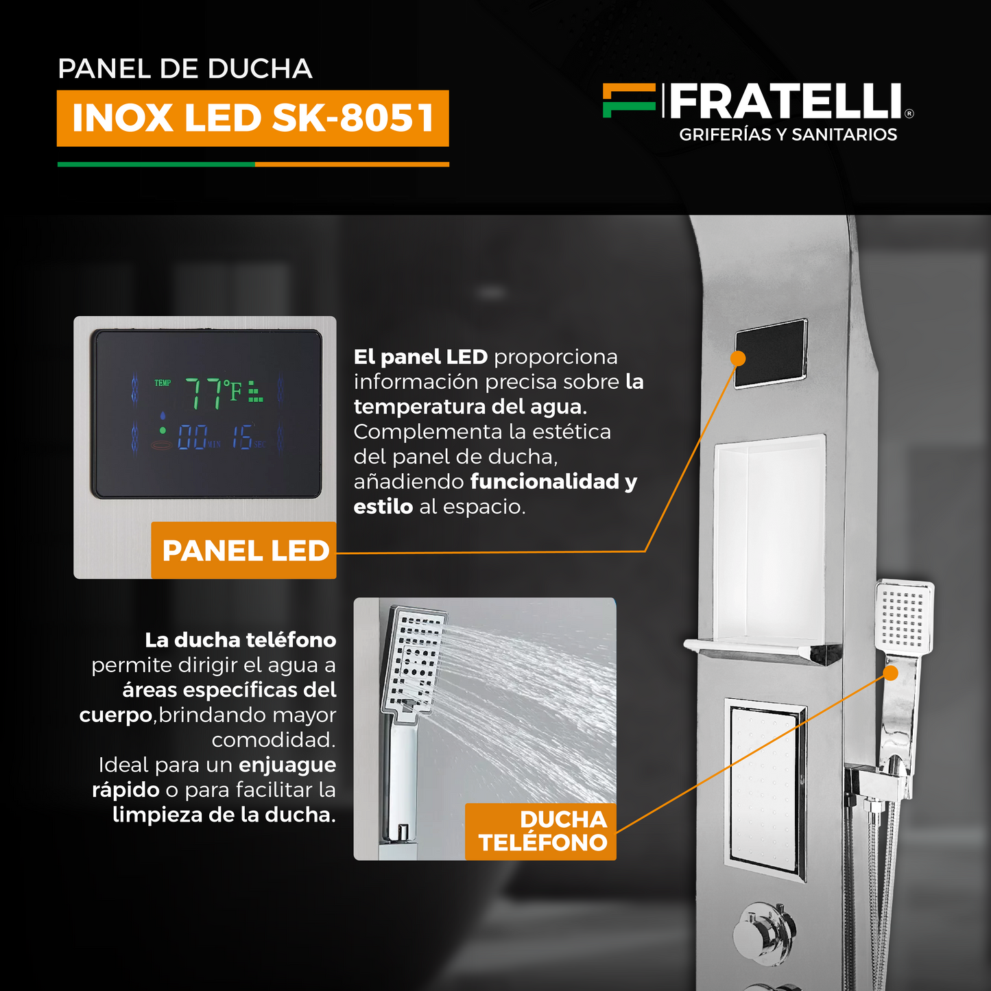 Panel De Ducha Inox Led C/Jabonera Satinado Sk-8051 - Fratelli