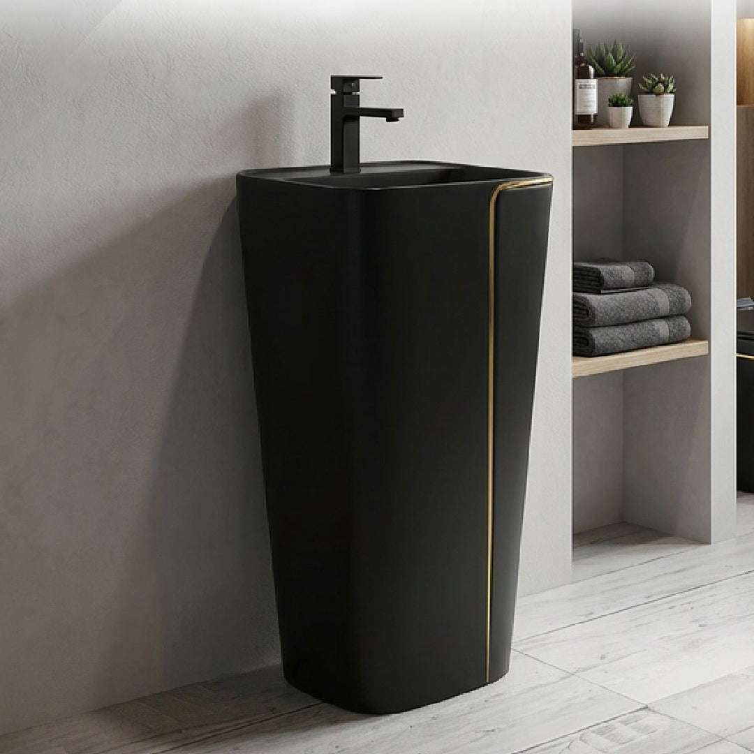 LAVATORIO PEDESTAL LIORA MINIMALISTA NEGRO C/LINEA DORADA (44X36.5X86) - FRATELLI PREMIUM