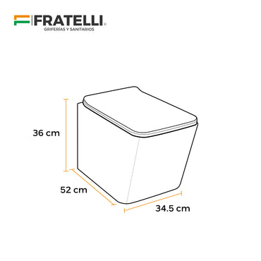 Inodoro Flotante Luna Cuadrado Blanco + Tapa De Asiento 3020(520X345X360) - Fratelli Premium