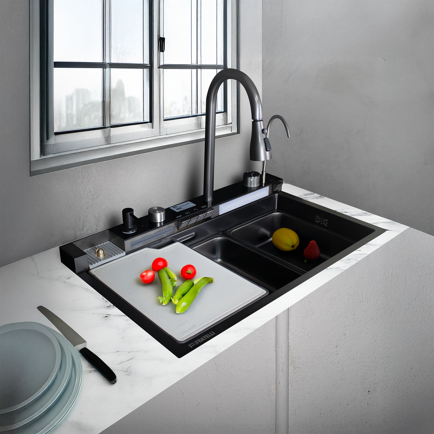 BL-7546B Lavadero Multifuncional Bali De Acero Inox. 304 Black C/Mezc (5 Funciones) 75X46X23Cm - Fratelli