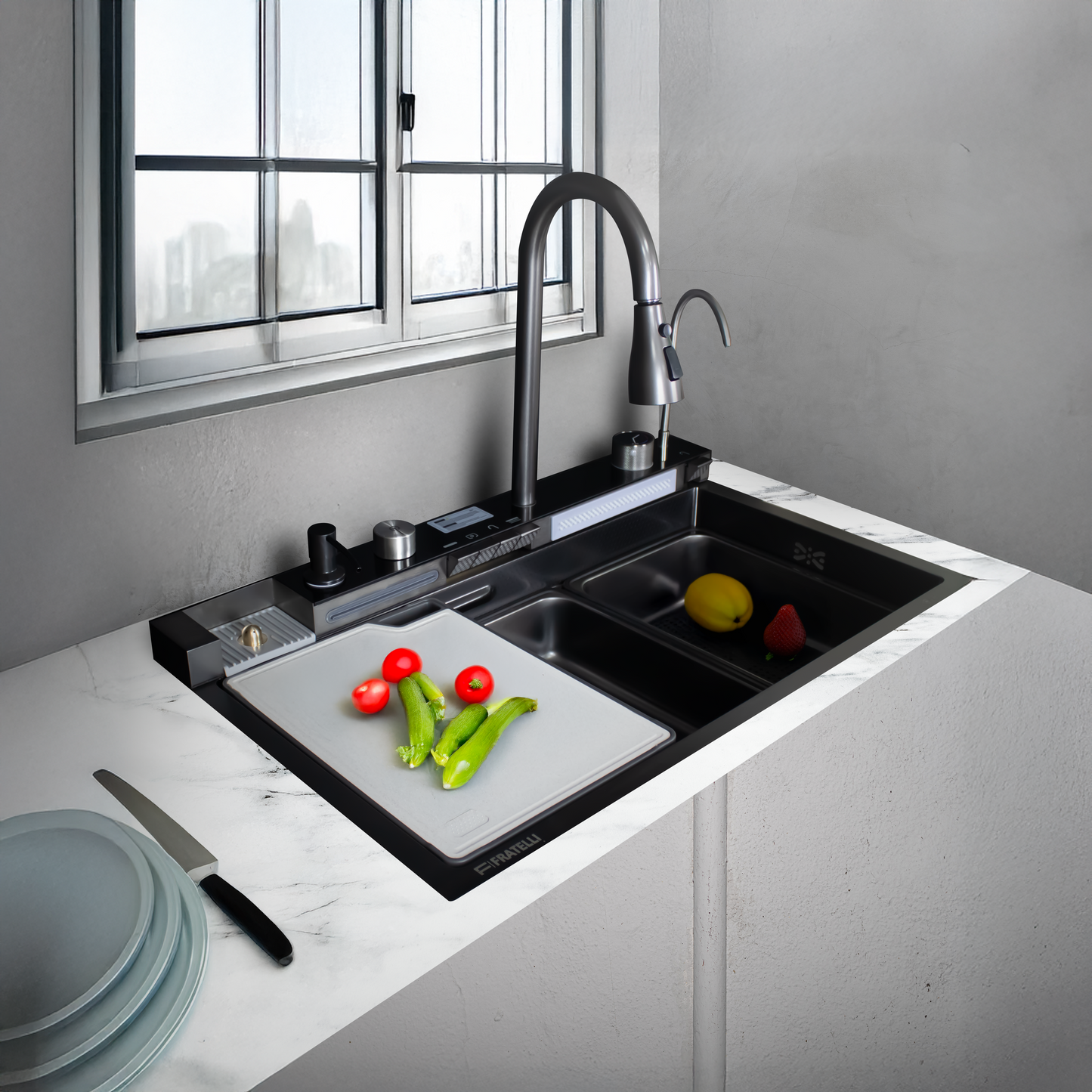 Lux-7546B Lavadero Multifuncional Luxury De Acero Inox. Black C/Mezc (4 Funciones) 75X46X23Cm - Fratelli