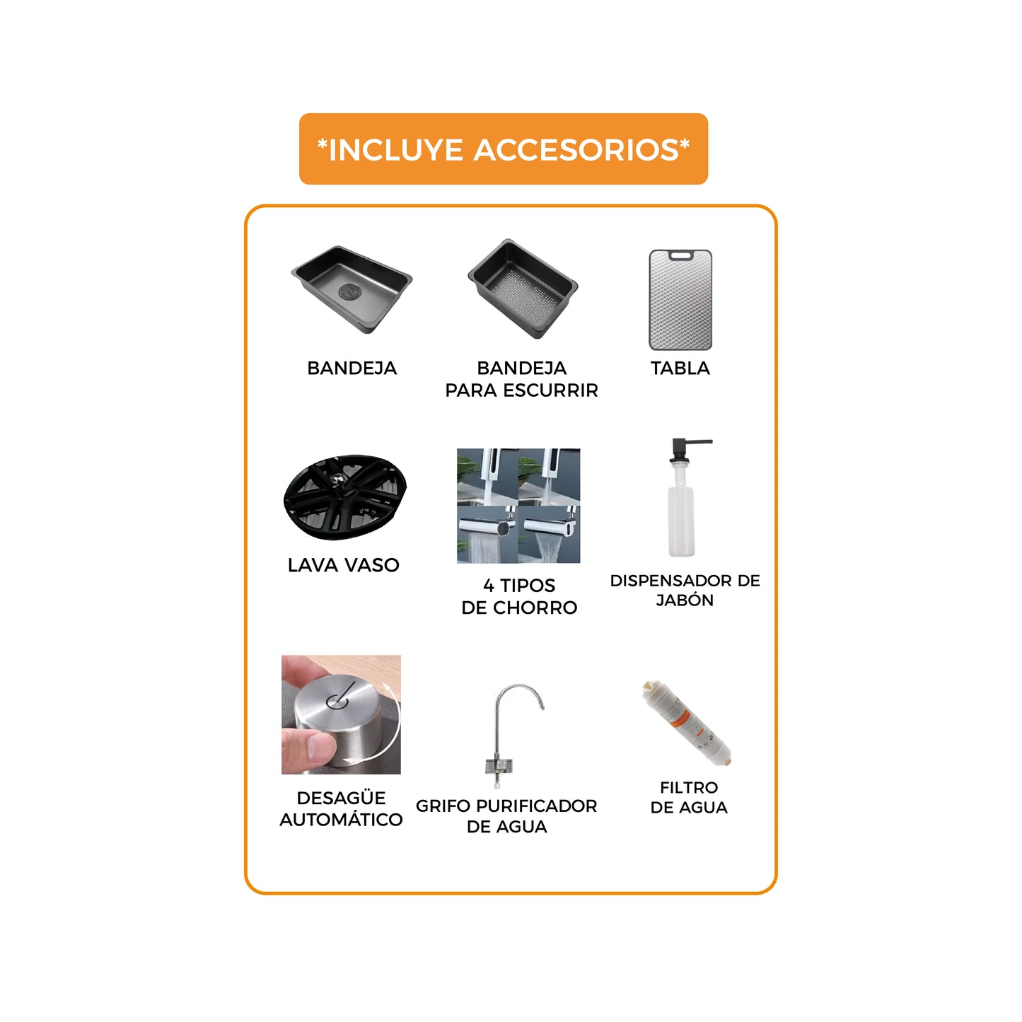 Mdv-7545B -Lavadero Multifuncional Maldivas De Acero Inox. 304 Black C/Mezcladora +Filtro De Agua (5 Funciones) 75X45X23 Cm -Fratelli Premium