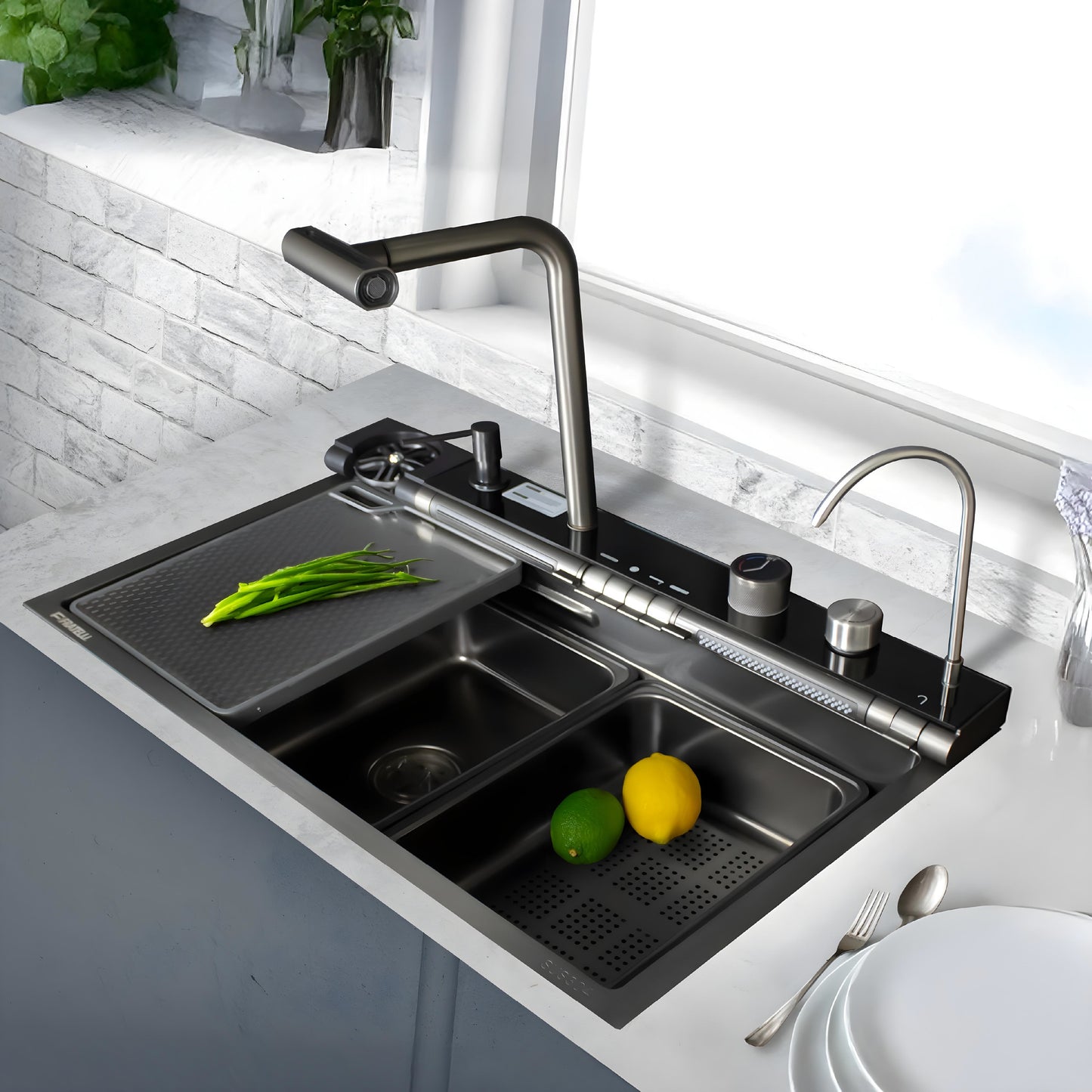 Mdv-7545B -Lavadero Multifuncional Maldivas De Acero Inox. 304 Black C/Mezcladora +Filtro De Agua (5 Funciones) 75X45X23 Cm -Fratelli Premium
