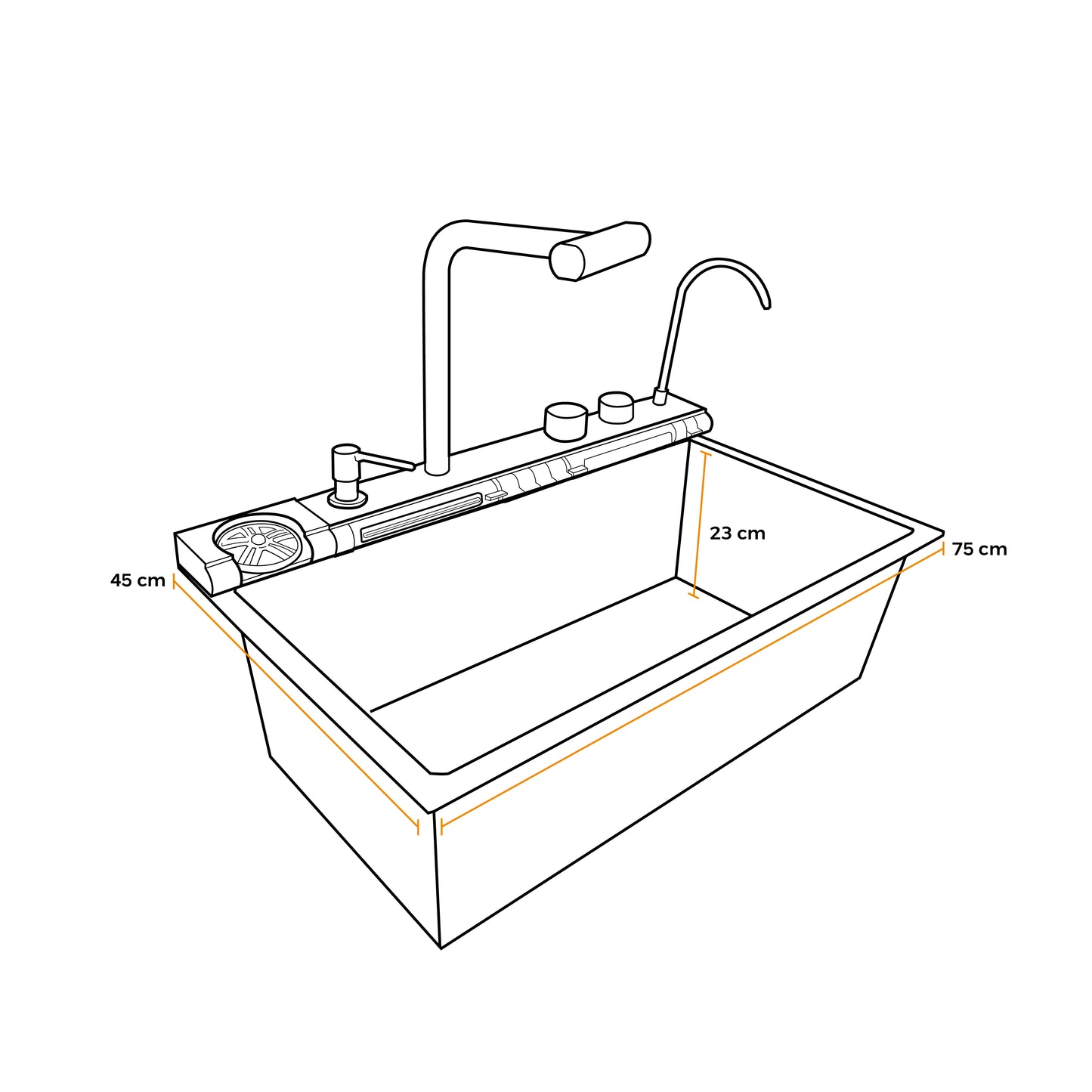 Mdv-7545B -Lavadero Multifuncional Maldivas De Acero Inox. 304 Black C/Mezcladora +Filtro De Agua (5 Funciones) 75X45X23 Cm -Fratelli Premium