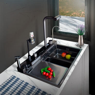 PSD-7546B -LAVADERO MULTI. DE ACERO INOX.304 BLACK C/MEZCLADORA +FILTRO DE AGUA (6 FUNCIONES) 75X46X22 CM -FRATELLI