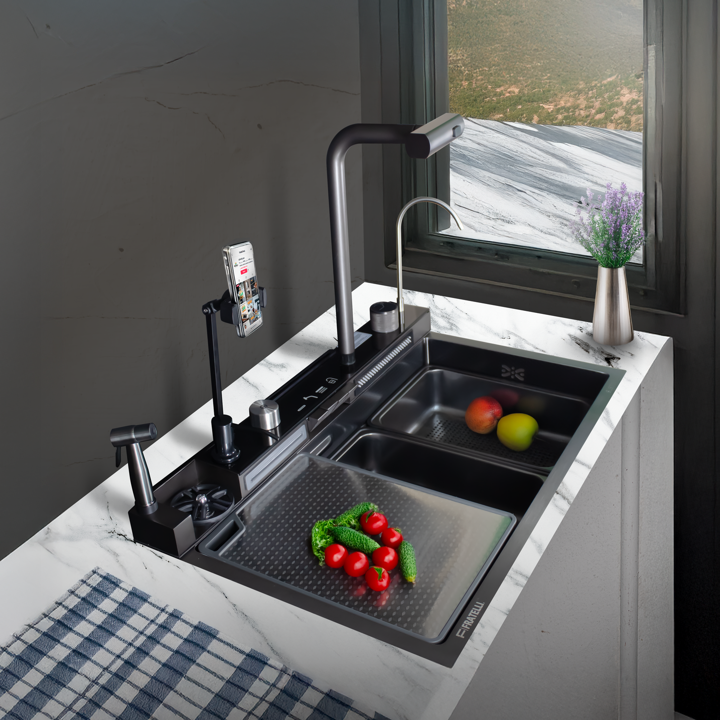 Psd-7545B -Lavadero Multifuncional Poseidon De Acero Inox.304 Black C/Mezcladora +Filtro De Agua (6 Funciones) 75X45X23 Cm -Fratelli Signature