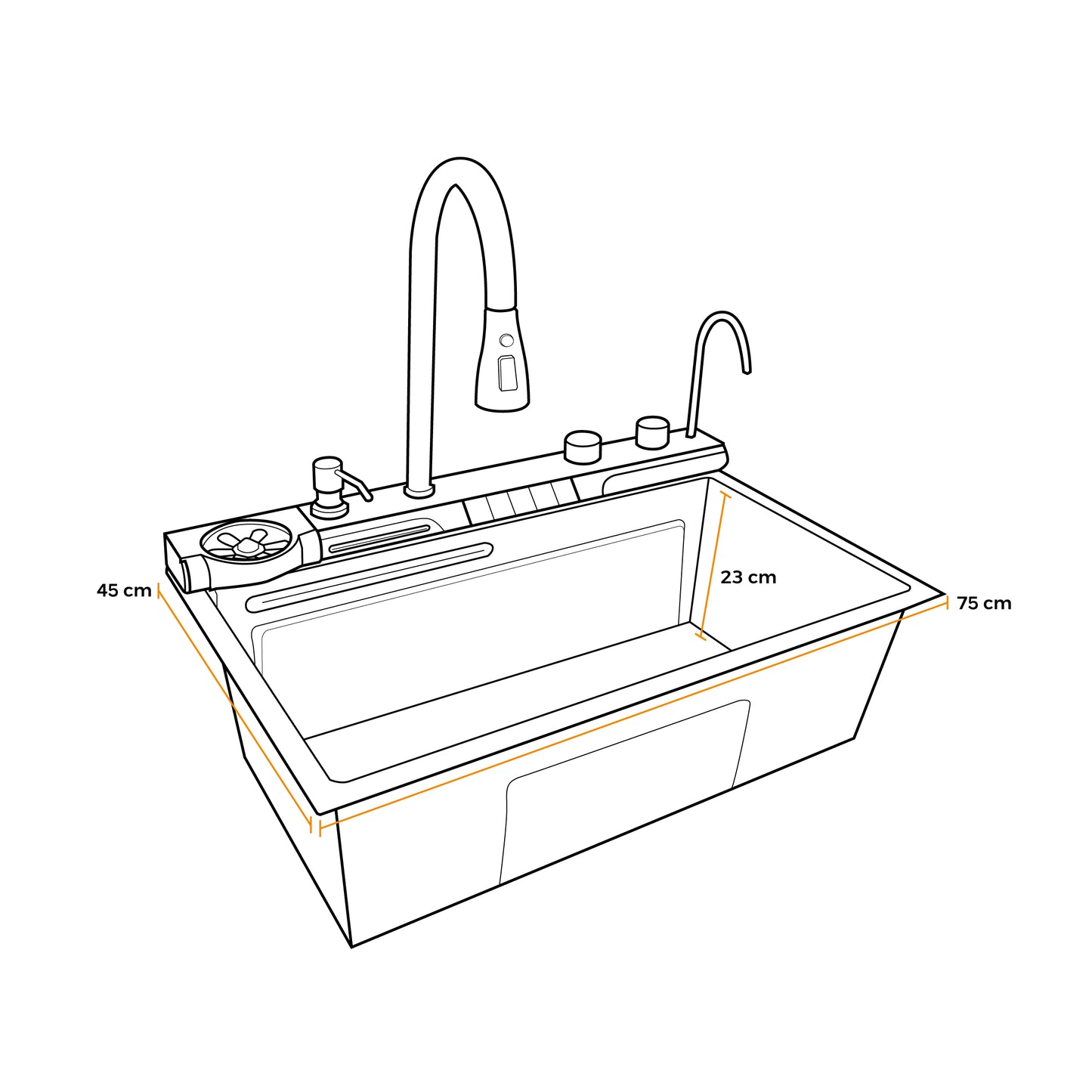 LAVADERO MULTIFUNCIONAL BHI 40030039 DE ACERO INOX.304 BLACK C/MEZCLADORA +FILTRO DE AGUA (5 FUNCIONES) 75X45X23 CM -FRATELLI PREMIUM39