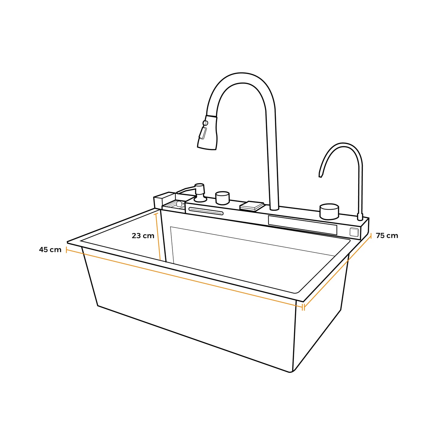 Hwi-7545B -Lavadero Multifuncional Hawai De Acero Inox. 304 Black C/Mezcladora +Filtro De Agua (5 Funciones) 75X45X23 Cm -Fratelli Premium