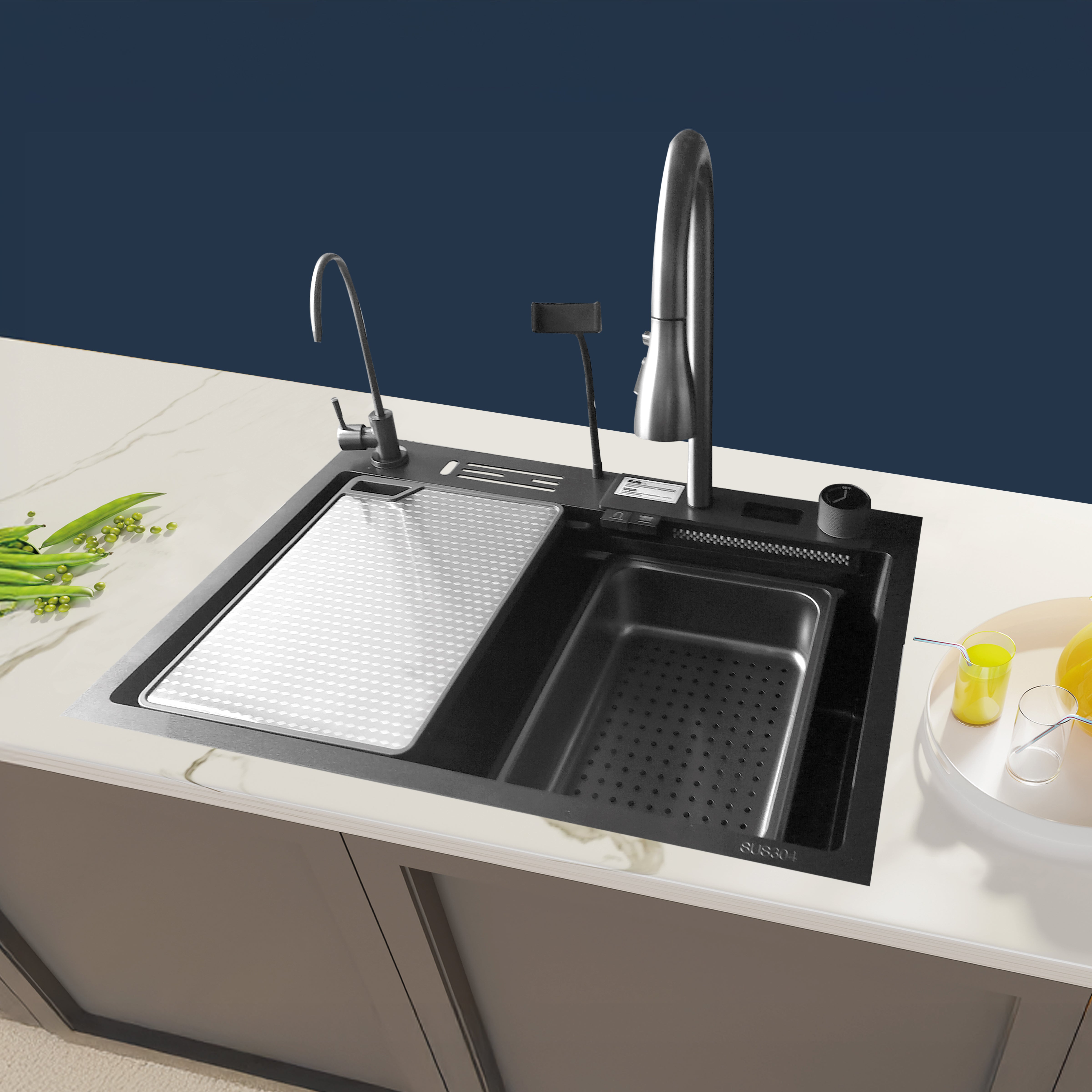 BRC-6845B - LAVADERO MULTIFUNCIONAL DE ACERO INOX. 304 NANO BLACK C/MEZCLADORA + FILTRO DE AGUA (3 FUNCIONES) 68X45X23 CM - FRATELLI PREMIUM