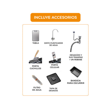 LAVADERO MULTIFUNCIONAL DE ACERO INOX. 304 NANO BLACK C/MEZCLADORA + FILTRO DE AGUA (3 FUNCIONES) 68X45X23 CM - FRATELLI PREMIUM