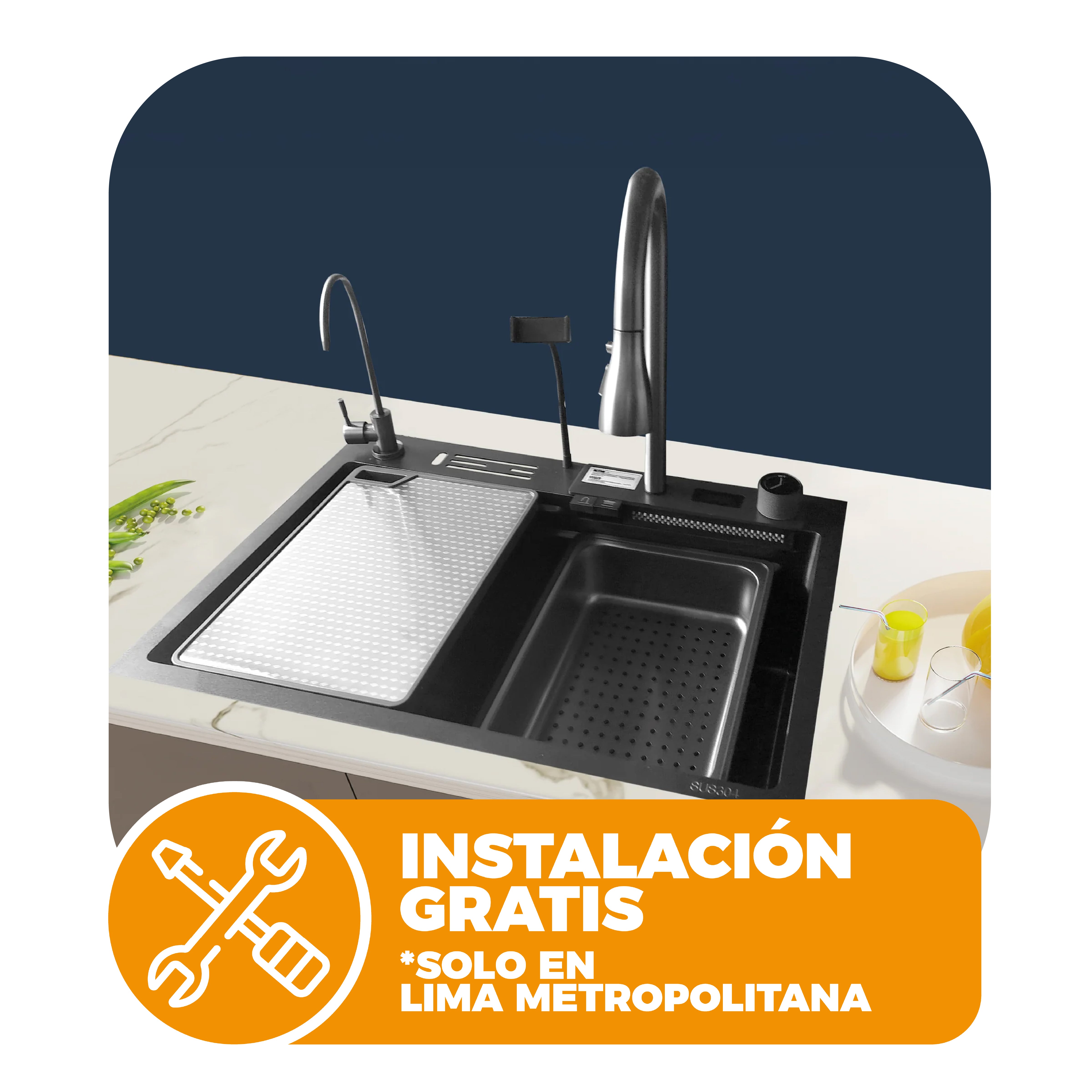 LAVADERO MULTIFUNCIONAL DE ACERO INOX. 304 NANO BLACK C/MEZCLADORA + FILTRO DE AGUA (3 FUNCIONES) 68X45X23 CM - FRATELLI PREMIUM