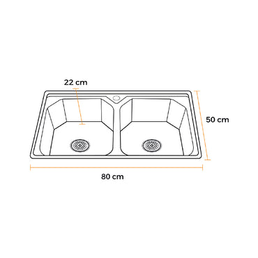 LP-8050-A LAVADERO PREMIUM (P) ACERO INOX.SATINADO DOBLE POZA C/PERFORACION AL MUEBLE 80X50X22 CM - FRATELLI PREMIUM