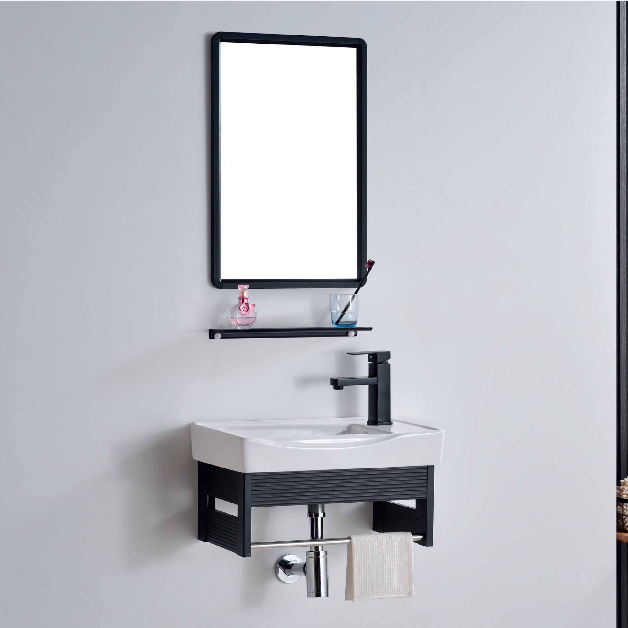 VANITORIO DE ALUMINIO C/REPISA + ESPEJO CUADRADO PS13-5030  NEGRO ECO 50X30CM - FRATELLI