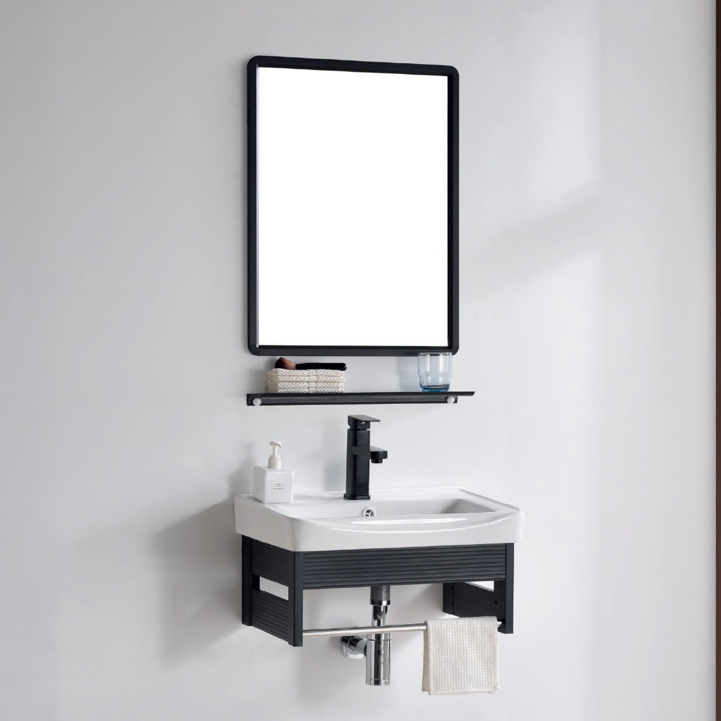 VANITORIO DE ALUMINIO C/REPISA + ESPEJO CUADRADO PS11-5036  NEGRO ECO 50X35CM - FRATELLI