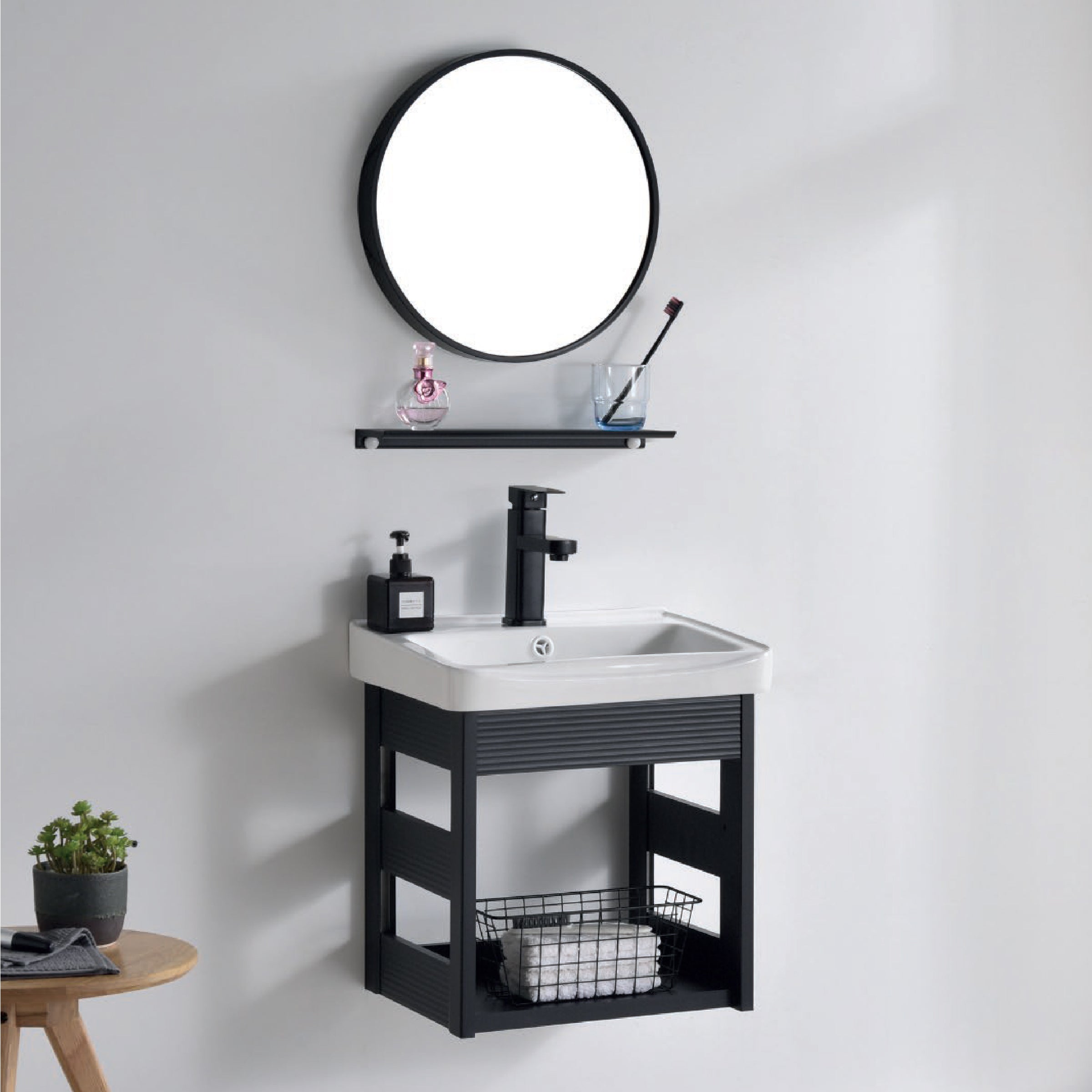 VANITORIO DE ALUMINIO C/REPISA + ESPEJO REDONDO PS20-5036  NEGRO ECO 50X35CM - FRATELLI