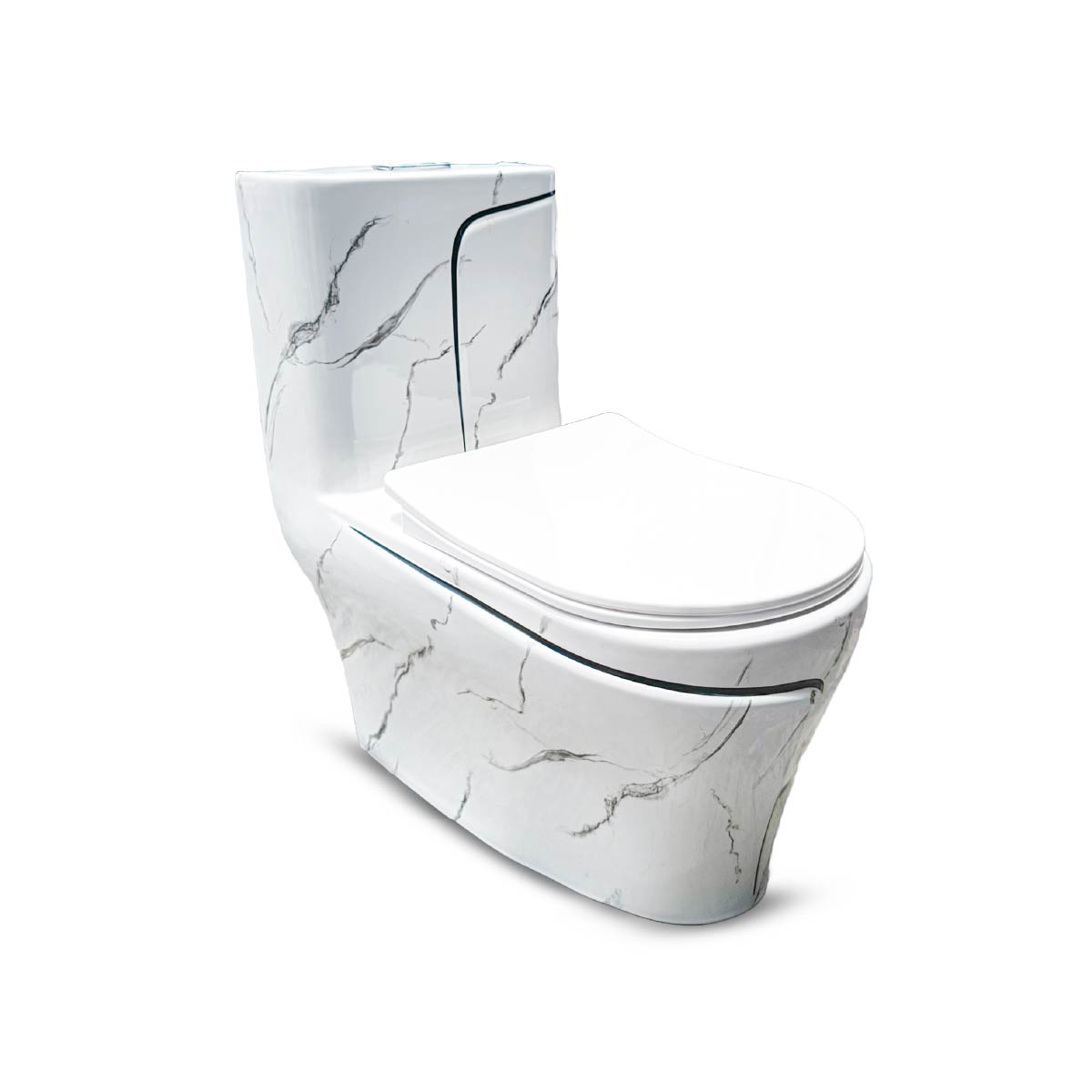 Inodoro One Piece + Tapa Asiento Y Acces. Minimalista Marmoleado Blanco C/Negro 8676Mbl(70X39X75) - Fratelli