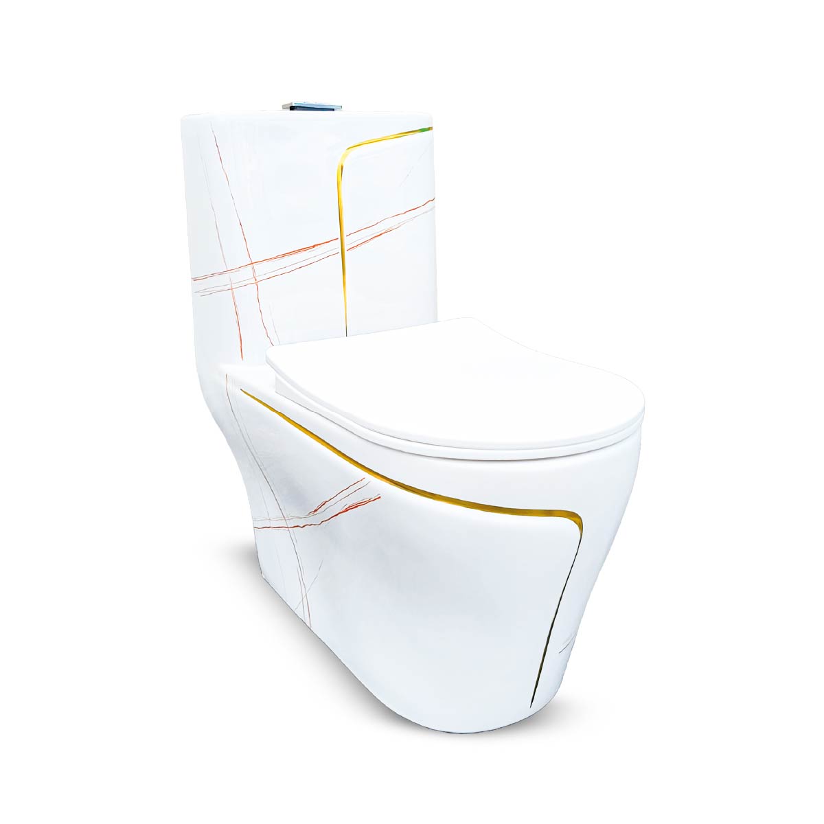 Inodoro One Piece + Tapa Asiento Y Acces. Minimalista Marmoleado Blanco C/Dorado 8676Mgl2 (70X39X75) - Fratelli