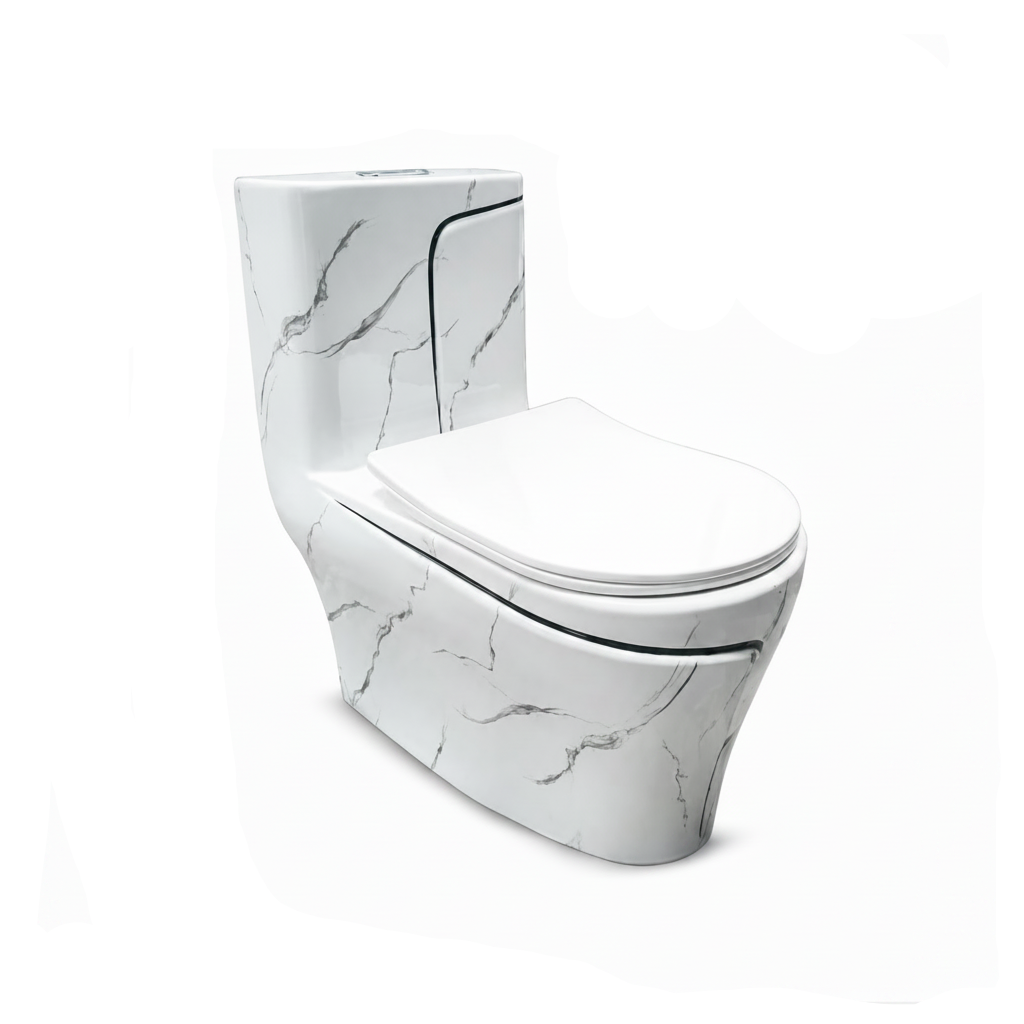 INODORO ONE PIECE ORCHID + TAPA ASIENTO Y ACCES. MINIMALISTA BLANCO MARMOLEADO C/LINEA NEGRA (690X380X750) - FRATELLI PREMIUM