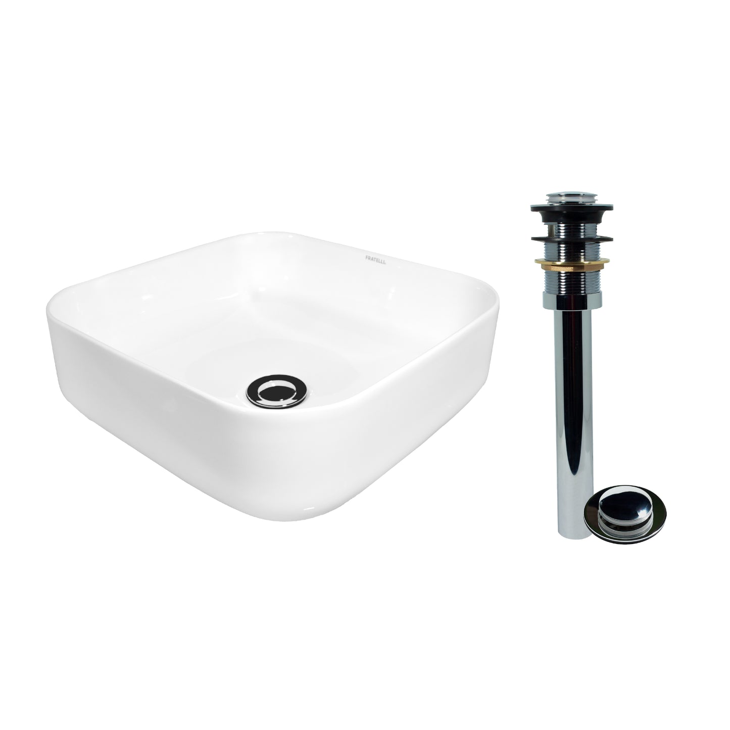 BOWL LOZA NUEVO (150) P/DESAGUE GRANDE MOD. CUADRADO BLANCO 38X38X14 FRATELLI 2022 + DESAGUE PUSH CHICO P/BOWL A113 S.S. COLA (23CM)