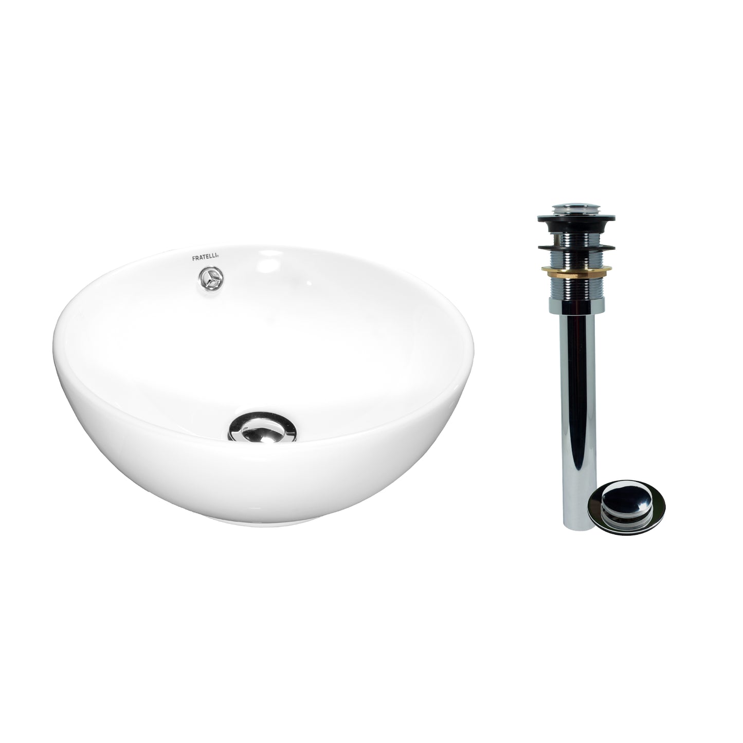 BOWL LOZA NUEVO (480) P/DESAGUE GRANDE MOD. CIRCULAR BLANCO 38X38X17 FRATELLI 2022 + DESAGUE P/LAVATORIO A113-C S.S. COLA 23 CM(PUSH CHICO)