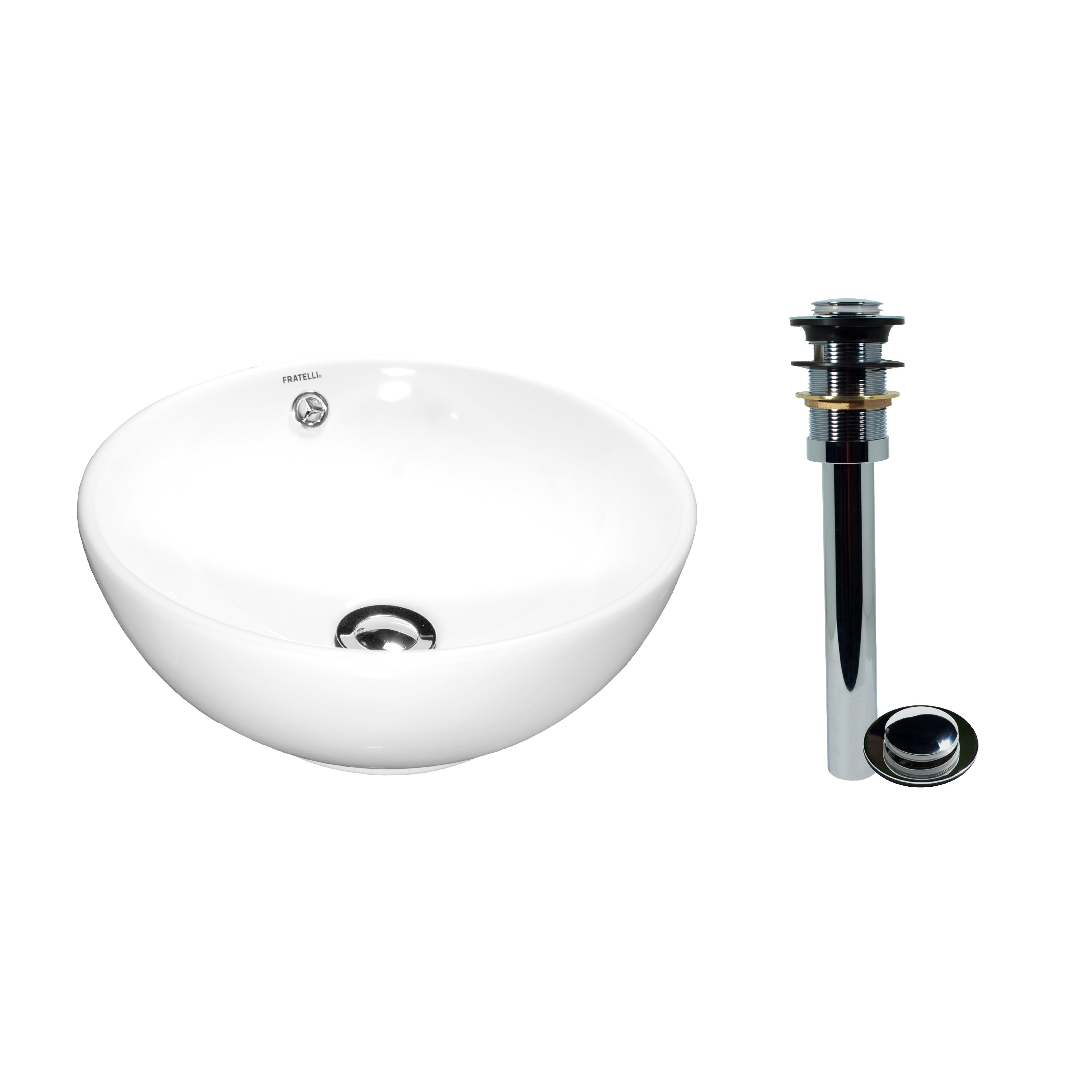 BOWL LOZA NUEVO (480) P/DESAGUE GRANDE MOD. CIRCULAR BLANCO 38X38X17 FRATELLI 2022 + DESAGUE P/LAVATORIO A113-C S.S. COLA 23 CM(PUSH CHICO)