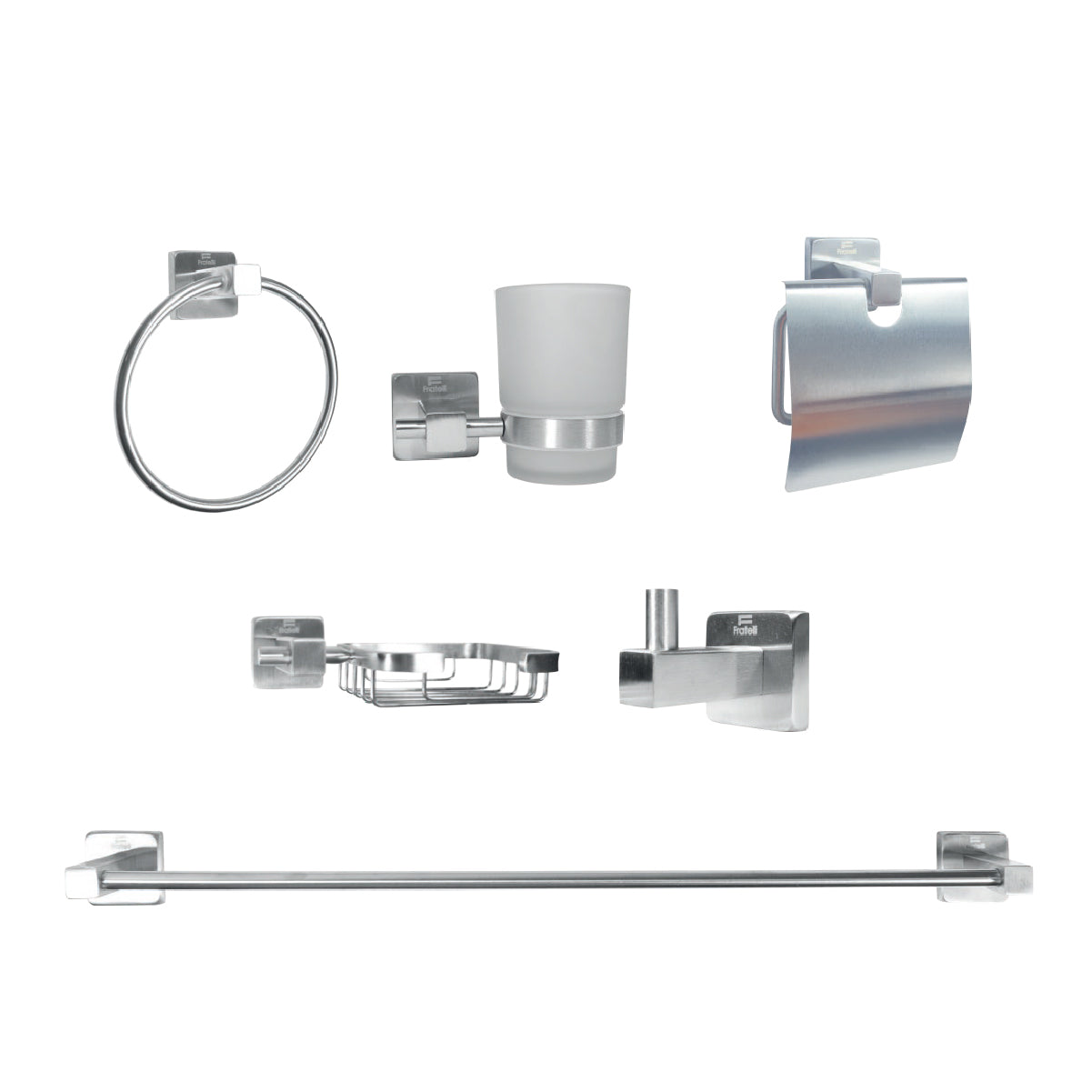 SET P/BAÑO 6PZAS 70300B ACERO MATE 304 BASE CUADRADA- FRATELLI