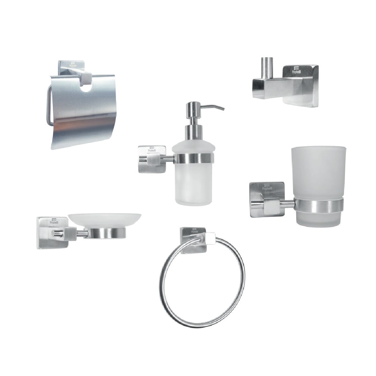 SET P/BAÑO 6PZAS  70300C ACERO MATE 304 BASE CUADRADA - FRATELLI