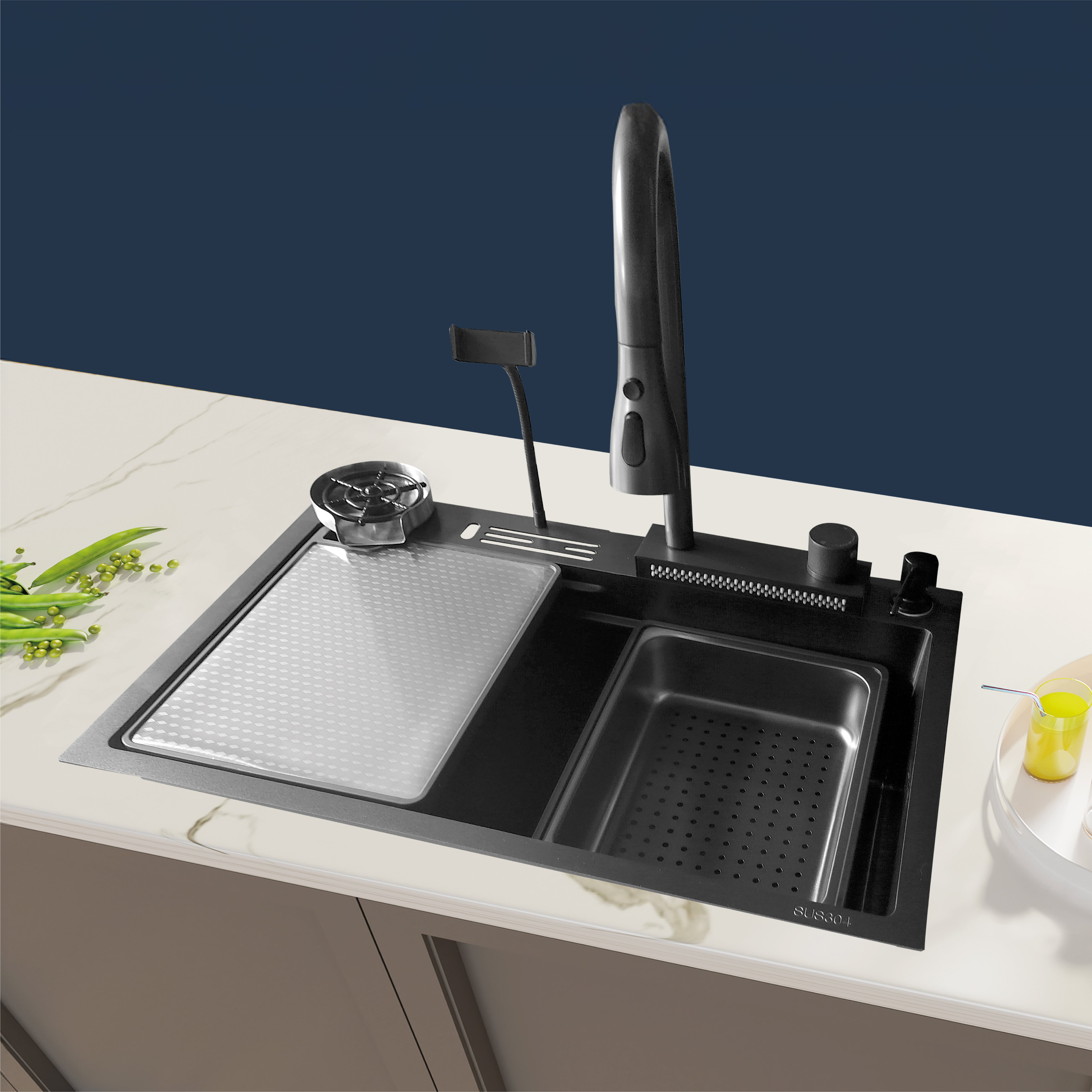 MCA-6845B - LAVADERO MULTIFUNCIONAL DE ACERO INOX. 304 NANO BLACK  C/MEZCLADORA  (3 FUNCIONES) 68X45X23 CM - FRATELLI PREMIUM