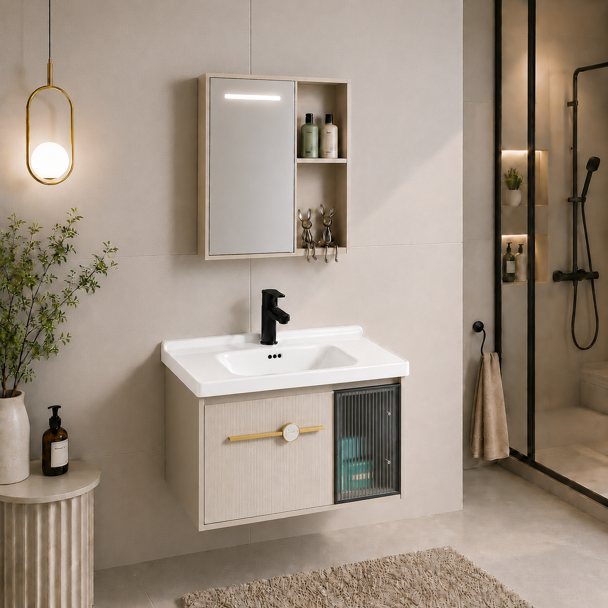 MUEBLE DE BAÑO DE ALUMINIO + ESPEJO CON SENSOR LED - KQ704Z-60 BONE - FRATELLI