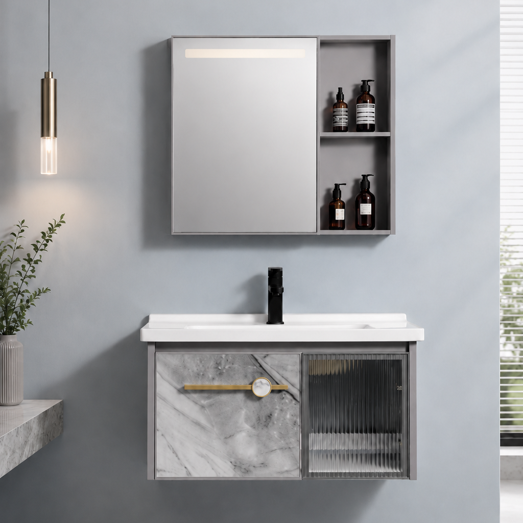 MUEBLE DE BAÑO DE ALUMINIO + ESPEJO CON SENSOR LED - QH401 GRIS - FRATELLI