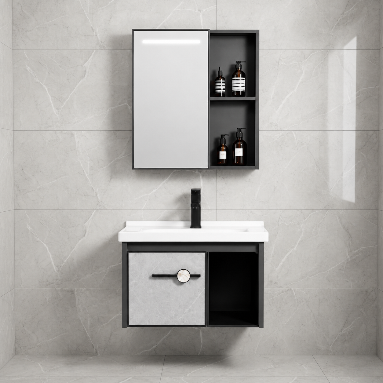 MUEBLE DE BAÑO DE FIBRA DE CARBON + ESPEJO CON SENSOR LED - SH602 GRIS - FRATELLI
