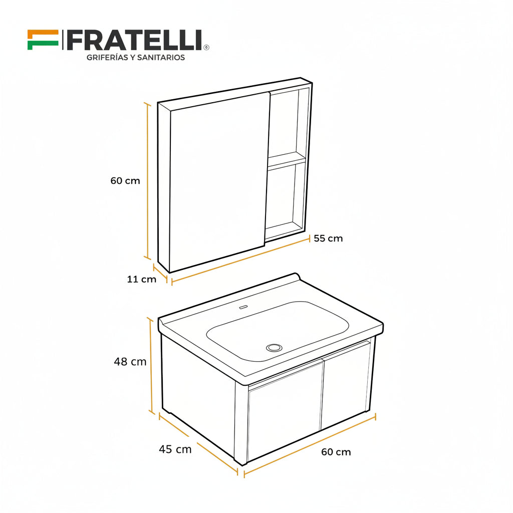 MUEBLE DE BAÑO DE FIBRA DE CARBON + ESPEJO CON LED Y FUNCION ANTIEMPAÑO - SH602 GRIS - FRATELLI