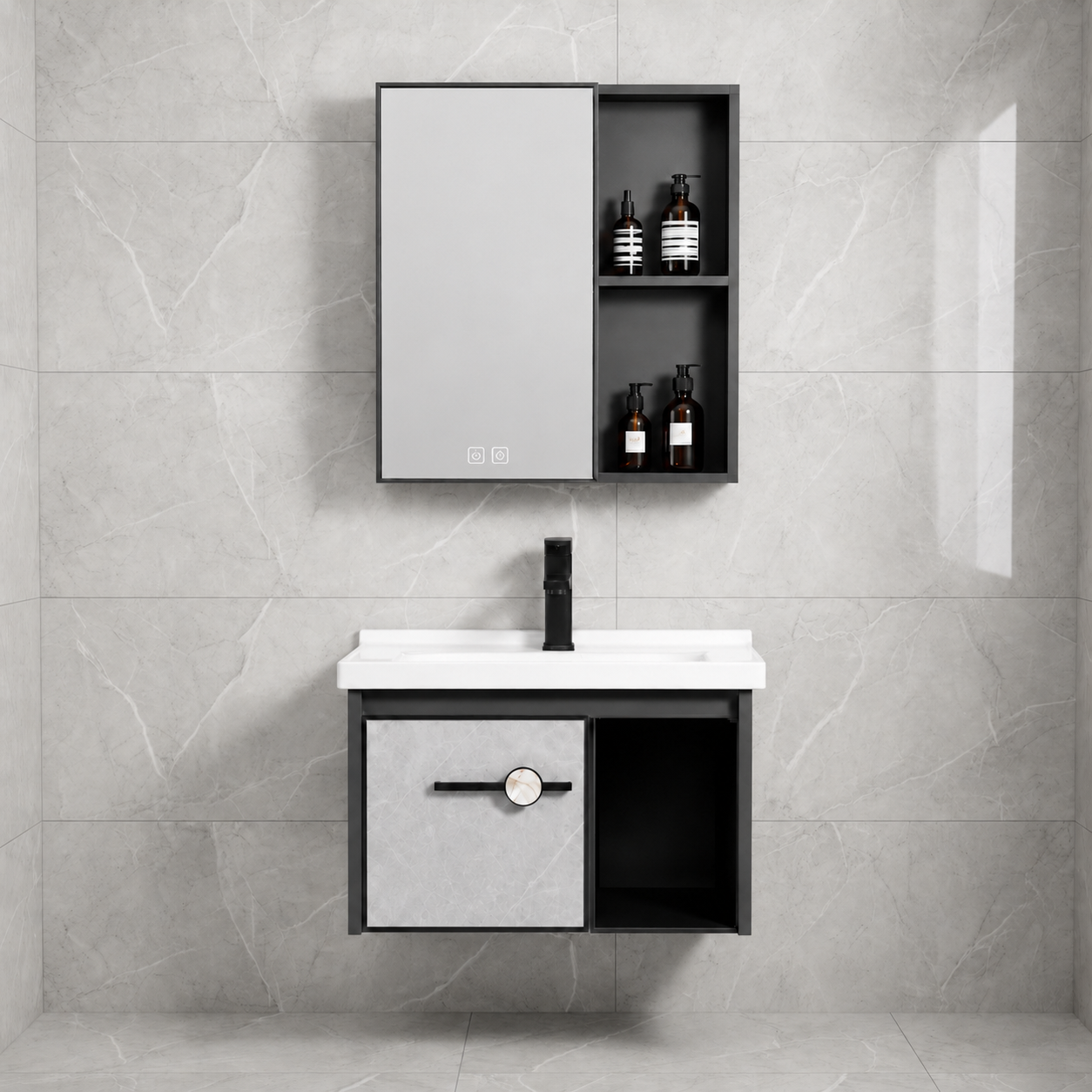 MUEBLE DE BAÑO DE FIBRA DE CARBON + ESPEJO CON LED Y FUNCION ANTIEMPAÑO - SH602 GRIS - FRATELLI